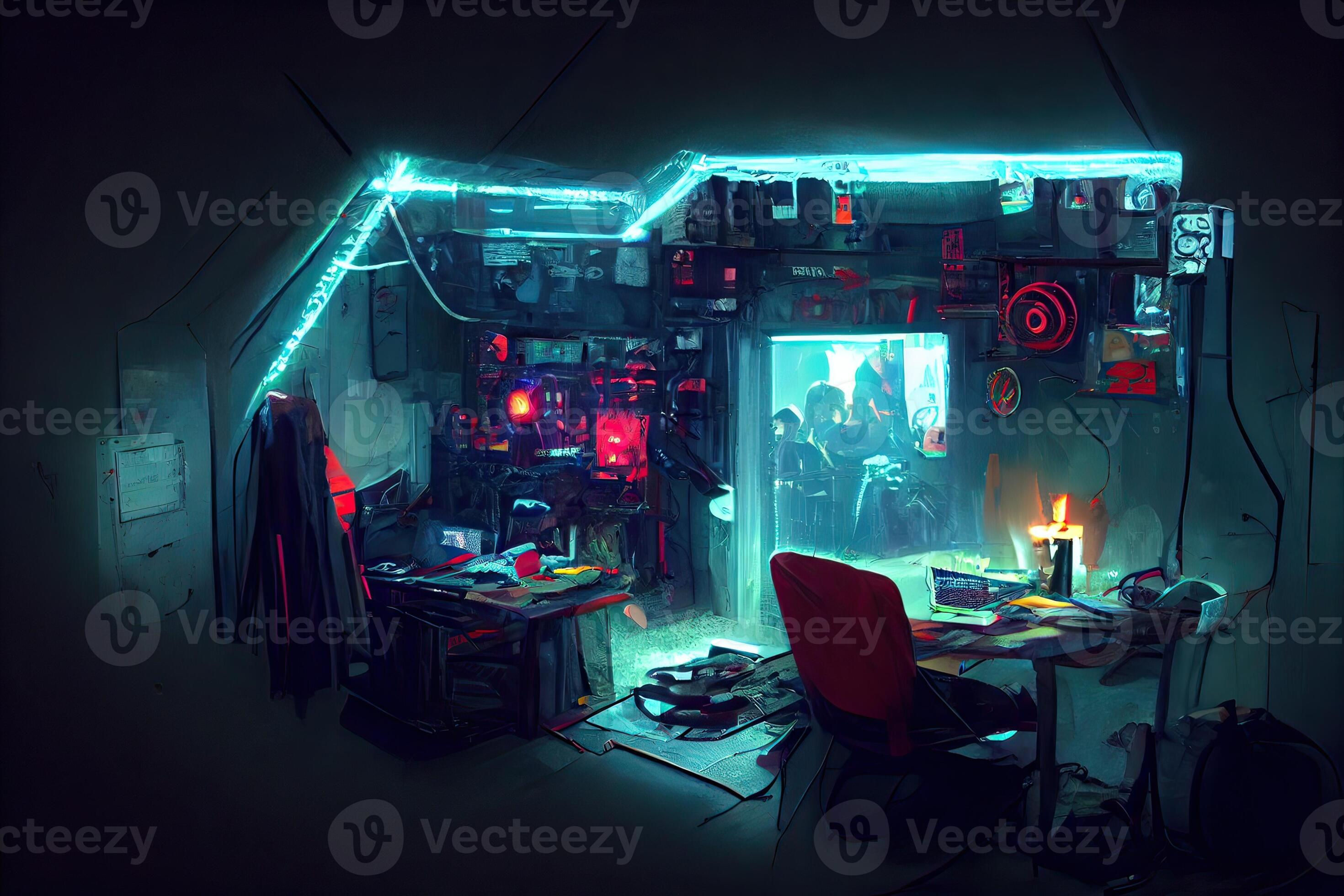 Wallpaper #I2jjG5MBSpphPi3-iSHA35 Illustration of Messy and Dark Cyberpunk Hacker Hideout Room with