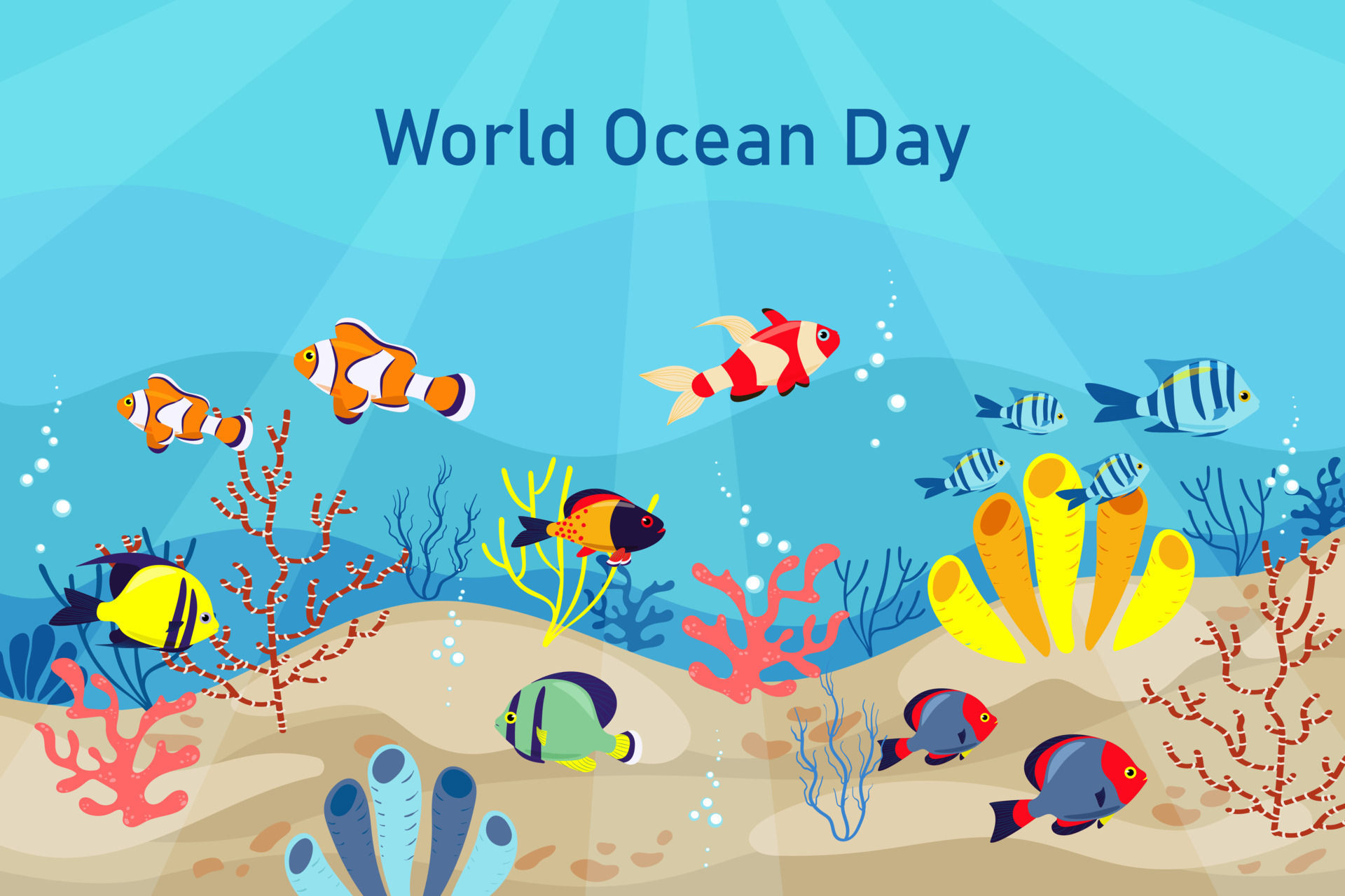 Wallpaper #1mc1CJMBSpphPi3-Ccl7190 World Ocean Day Vector Banner Flat Style Exotic Sea Fish and Corals