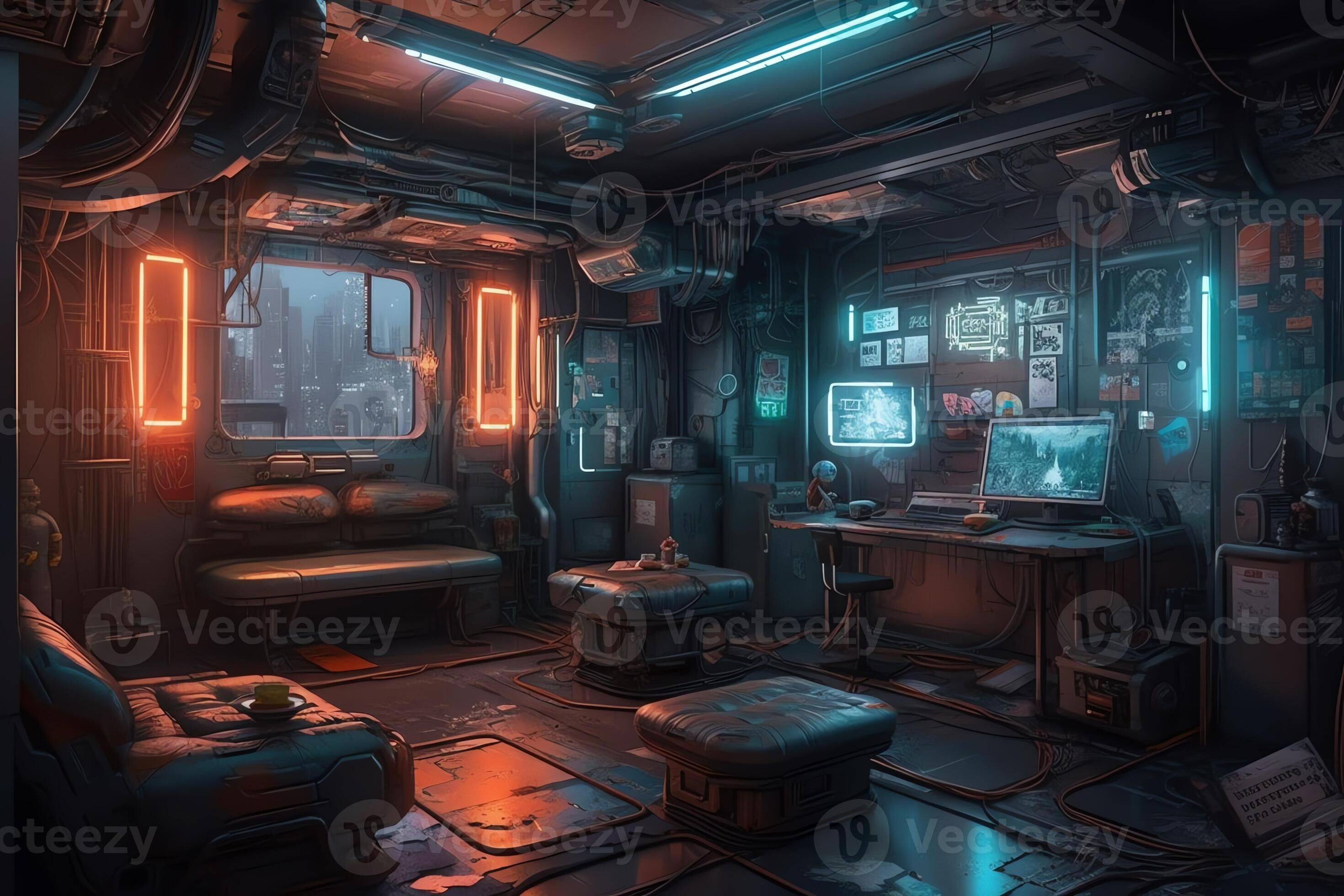 Wallpaper #mQAe7I4BSdW8dNoukxPh6 Futuristic Guy Room in Cyberpunk Dystopia Concept Art Illustration AI