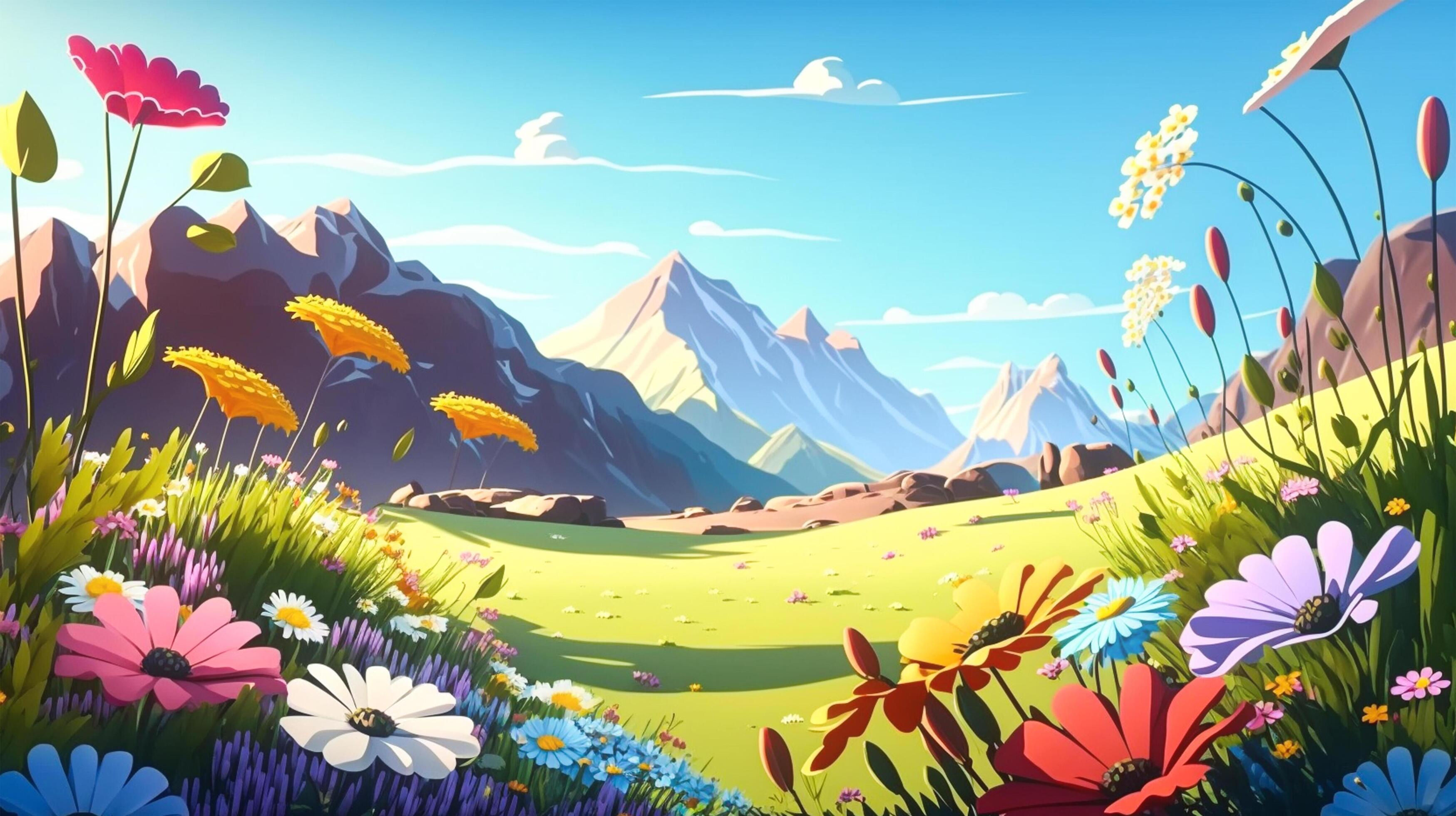 Wallpaper #s2eP7pIBSpphPi3-AF0979 Colorful Flower Field with Warm Sunlight and Blue Sky Nature Landscape