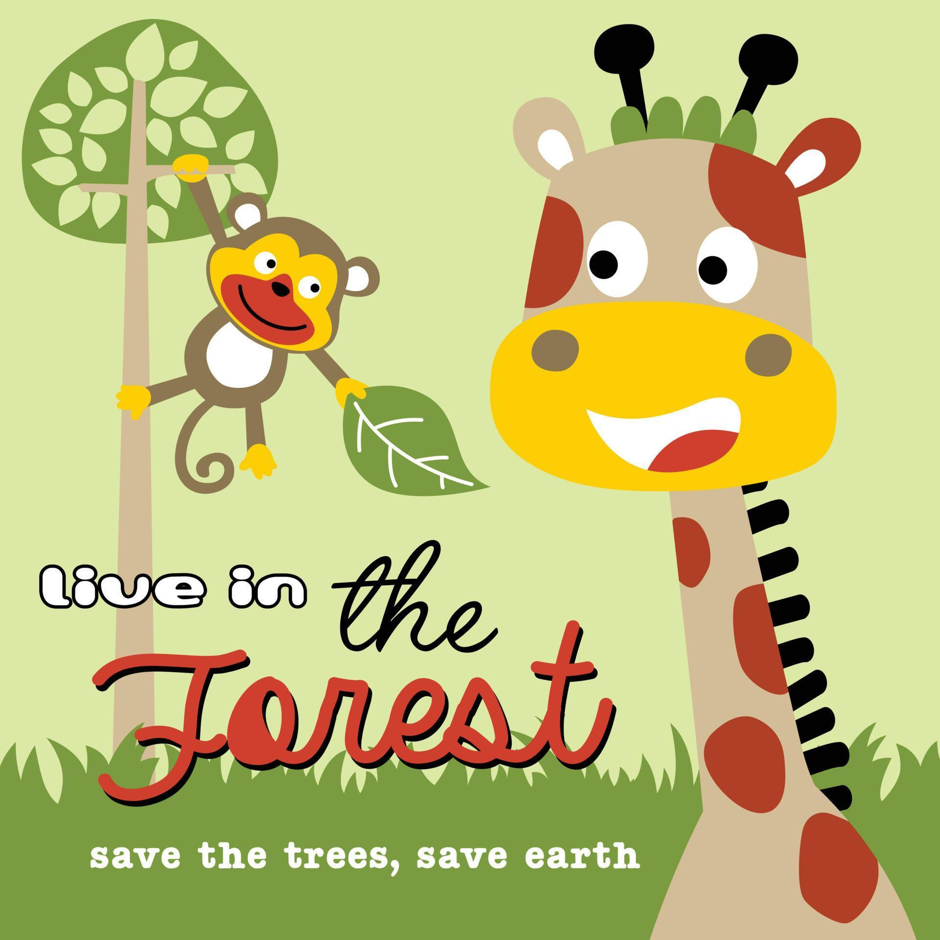Wallpaper #9mdFCpMBSpphPi3-NNO0252 Funny Giraffe with Monkey in the Tree Vector Cartoon Illustration