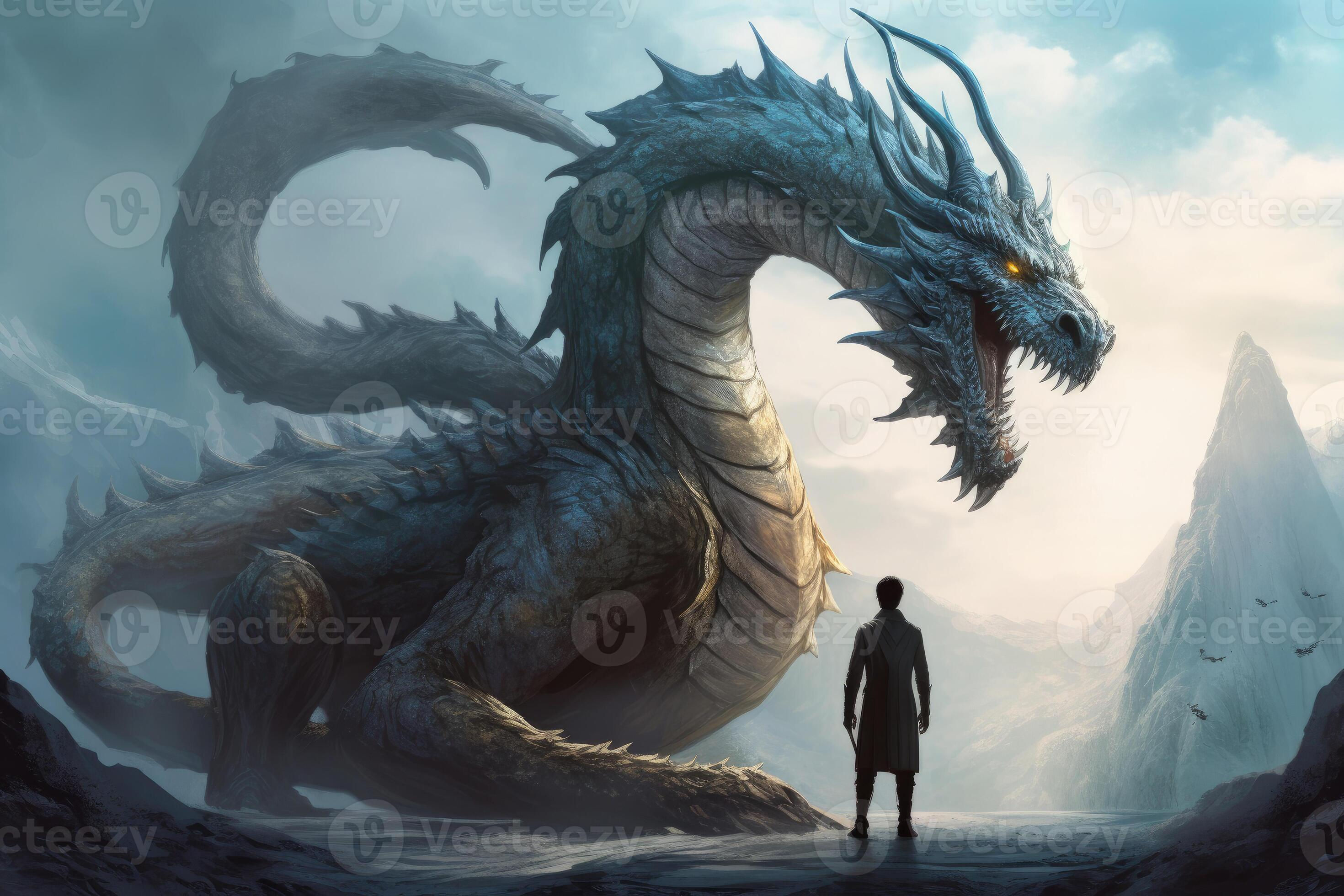 Wallpaper #6WeyDJMBSpphPi3-DN-t83 Man Stands in Front of Huge Dragon Fantasy World 22461617 Stock Photo