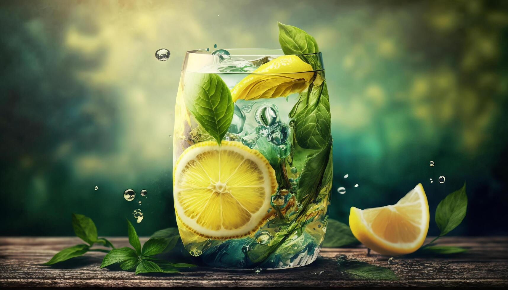 Wallpaper #4WcM6pIBSpphPi3-bkQ121 Lemonade in Glass with Splash on Wooden Table and Green Blurred