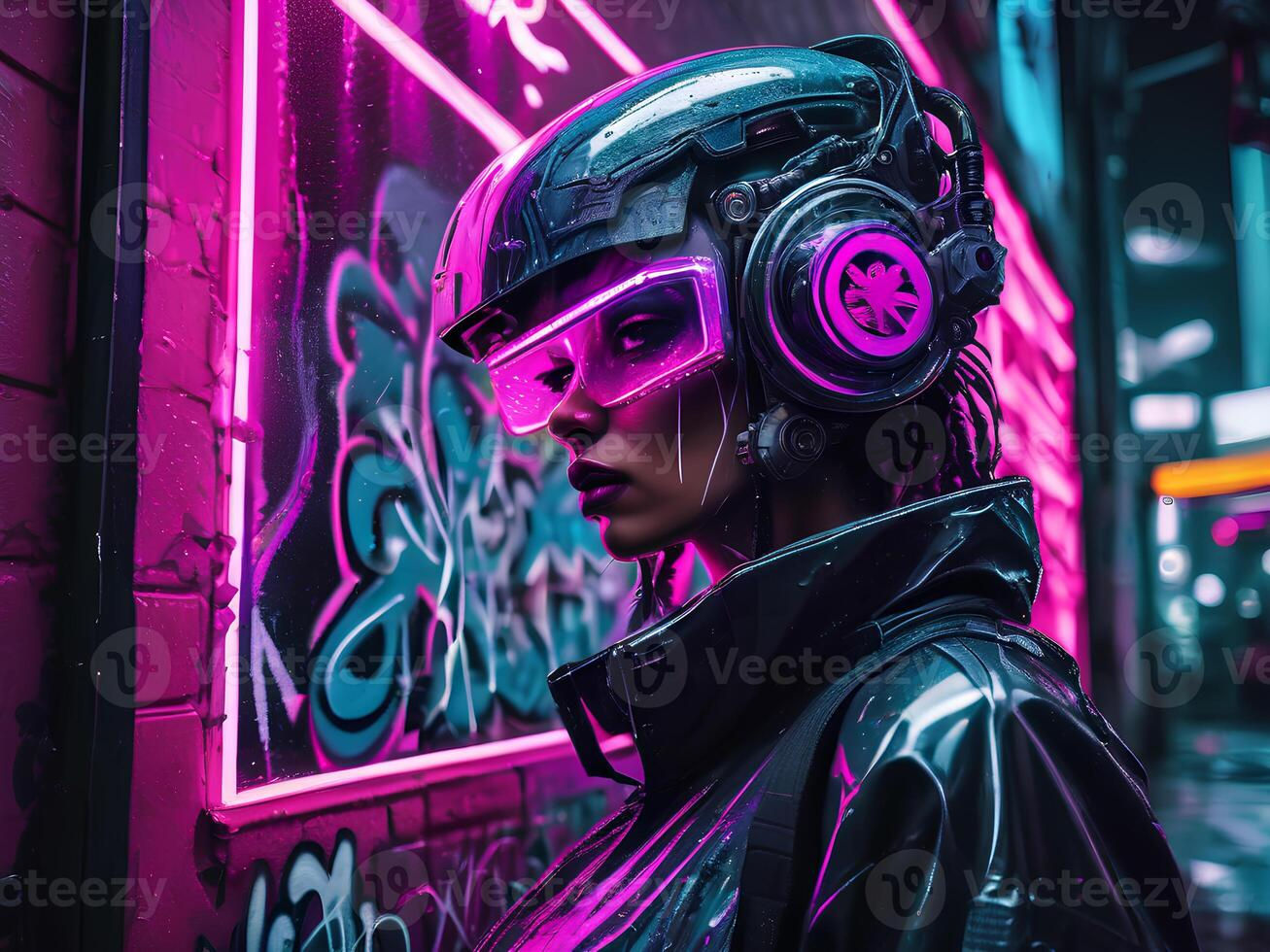 Wallpaper #i2ftDpMBSpphPi3-Pexq282 Woman Wearing Future Style Halmet with Neon Vaporwave Cyberpunk Street