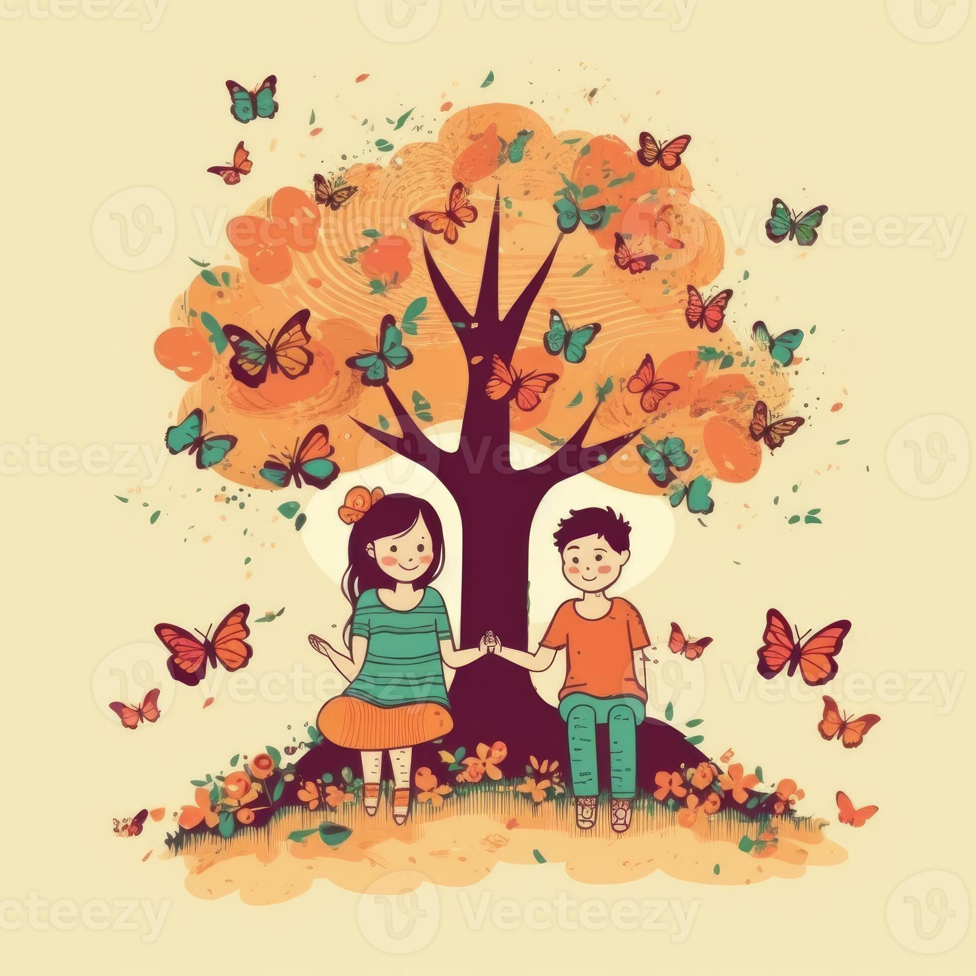 Wallpaper #9mdFCpMBSpphPi3-NNO0142 Two Kids Playing Around the Tree Cartoon Illustration with 22595474