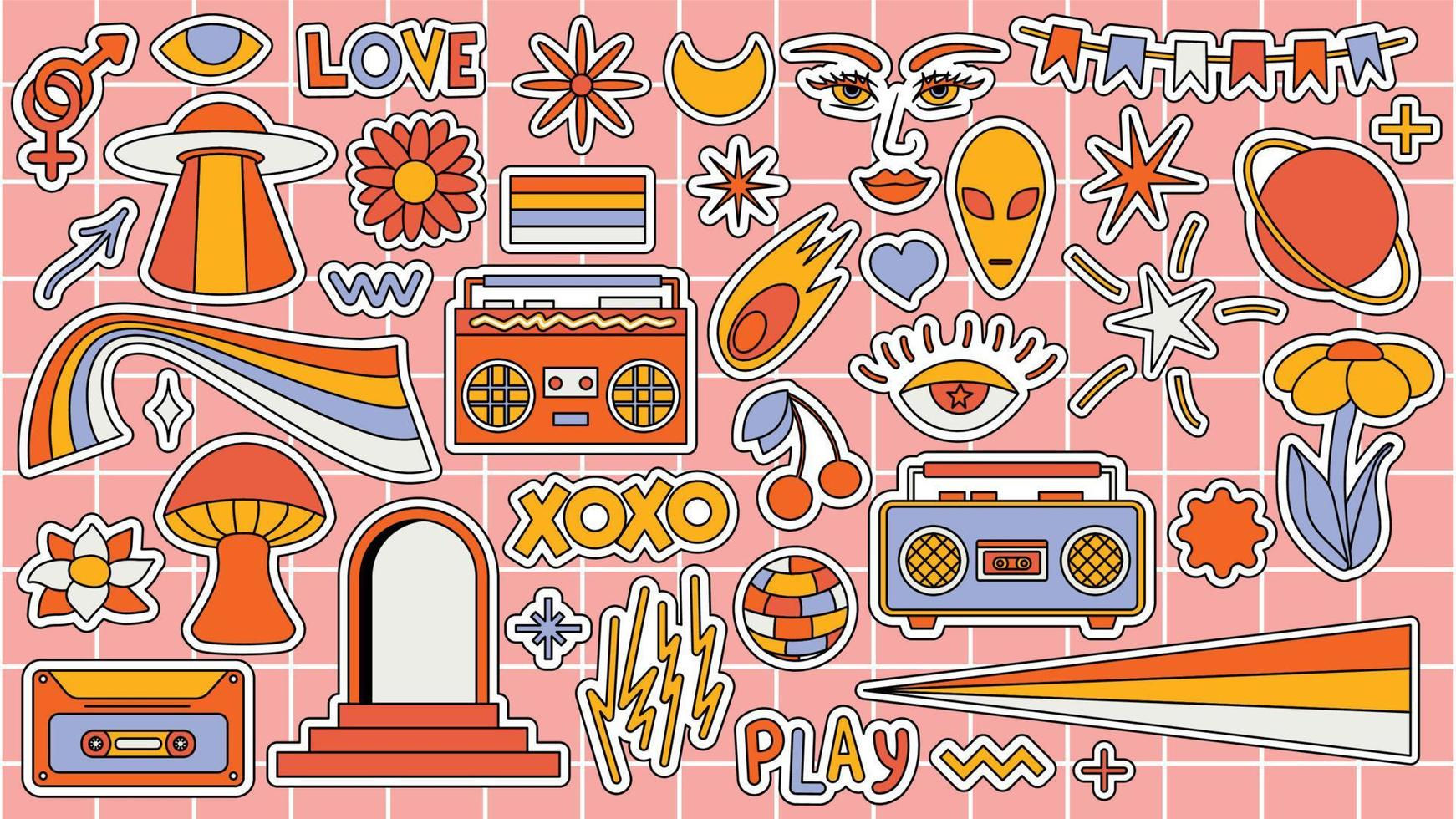 Wallpaper #L_8GaZMB3lSXT3zUVOWc161 Set of Hipster Retro Cool Psychedelic Elements Collection Stickers of