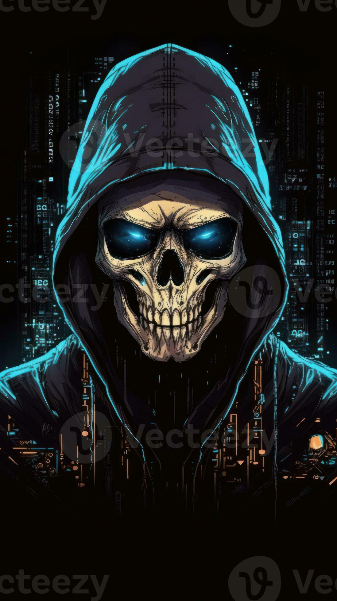 Wallpaper #OGiSHJMBSpphPi3-1yPm259 Cyber Punk Skull Wearing Black Hoodie AI Generated 29986768 Stock Photo