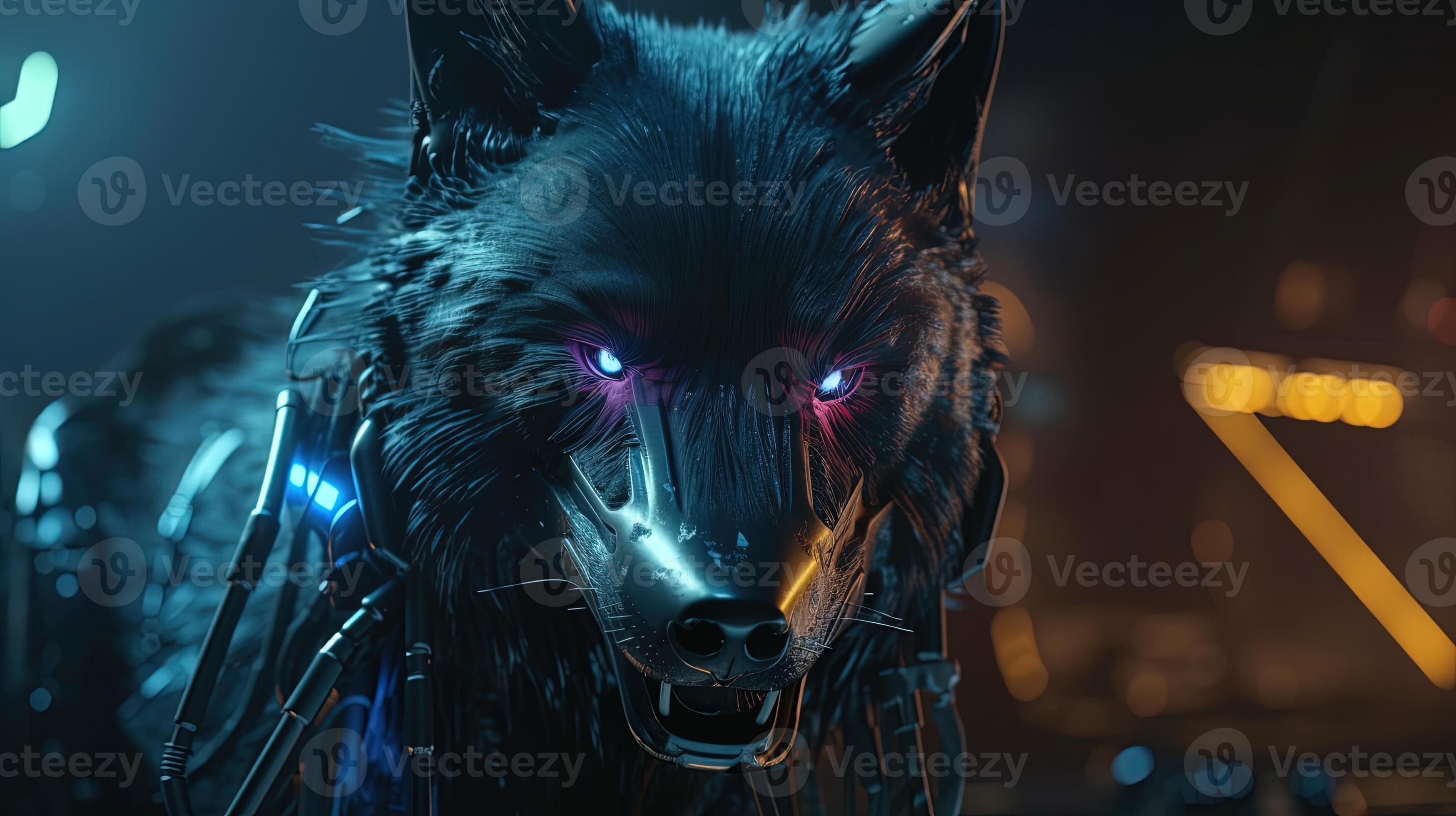 Wallpaper #hn399I4Bnwiau_P6SxF416 Dark Cyberpunk Wolf Digital Art Illustration Generative AI 23144072