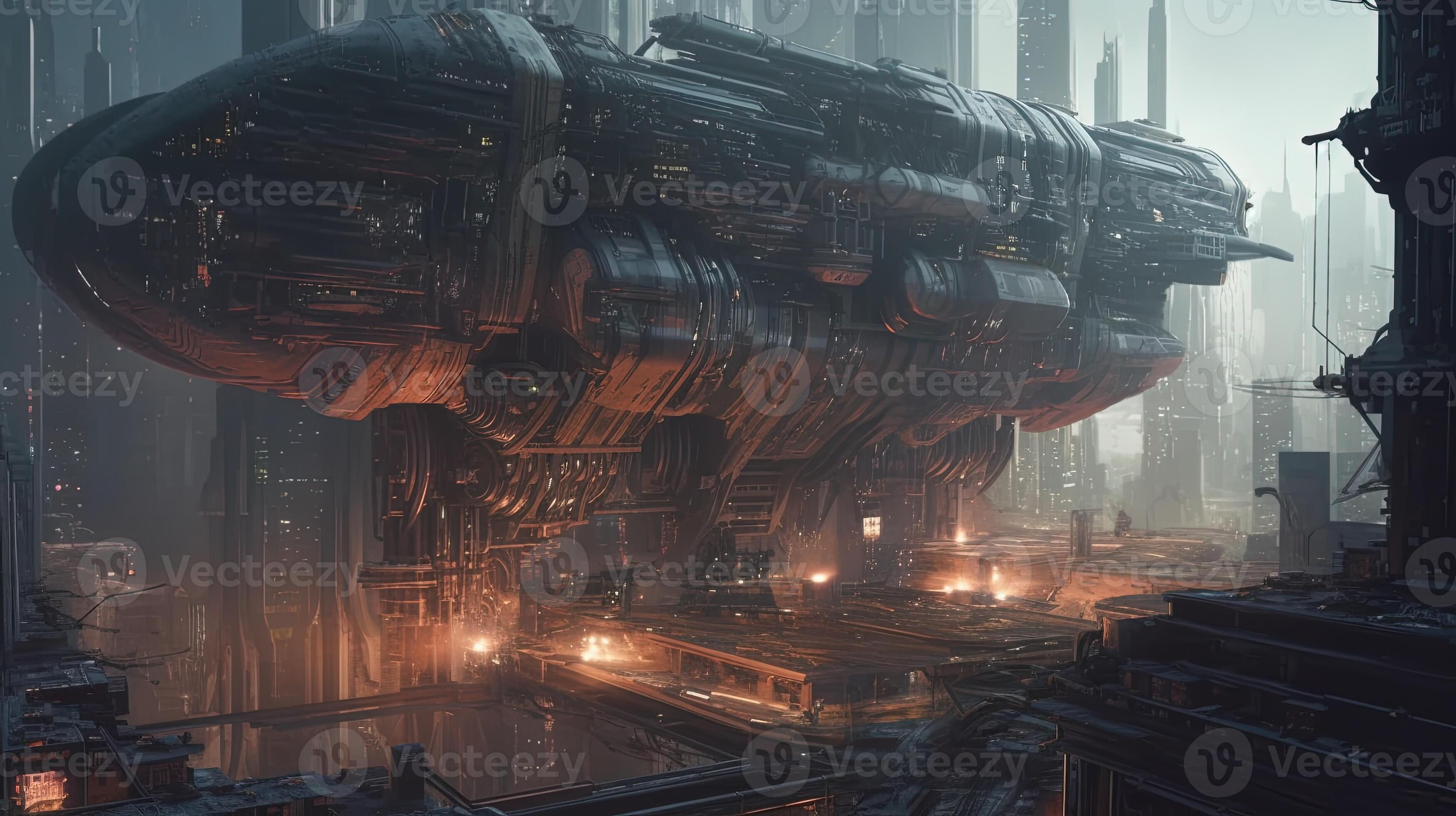 Wallpaper #anfAJ5MB-pgBXx60OqcO247 Wartorn Futuristic City with Giant Spaceship Digital Art Illustration