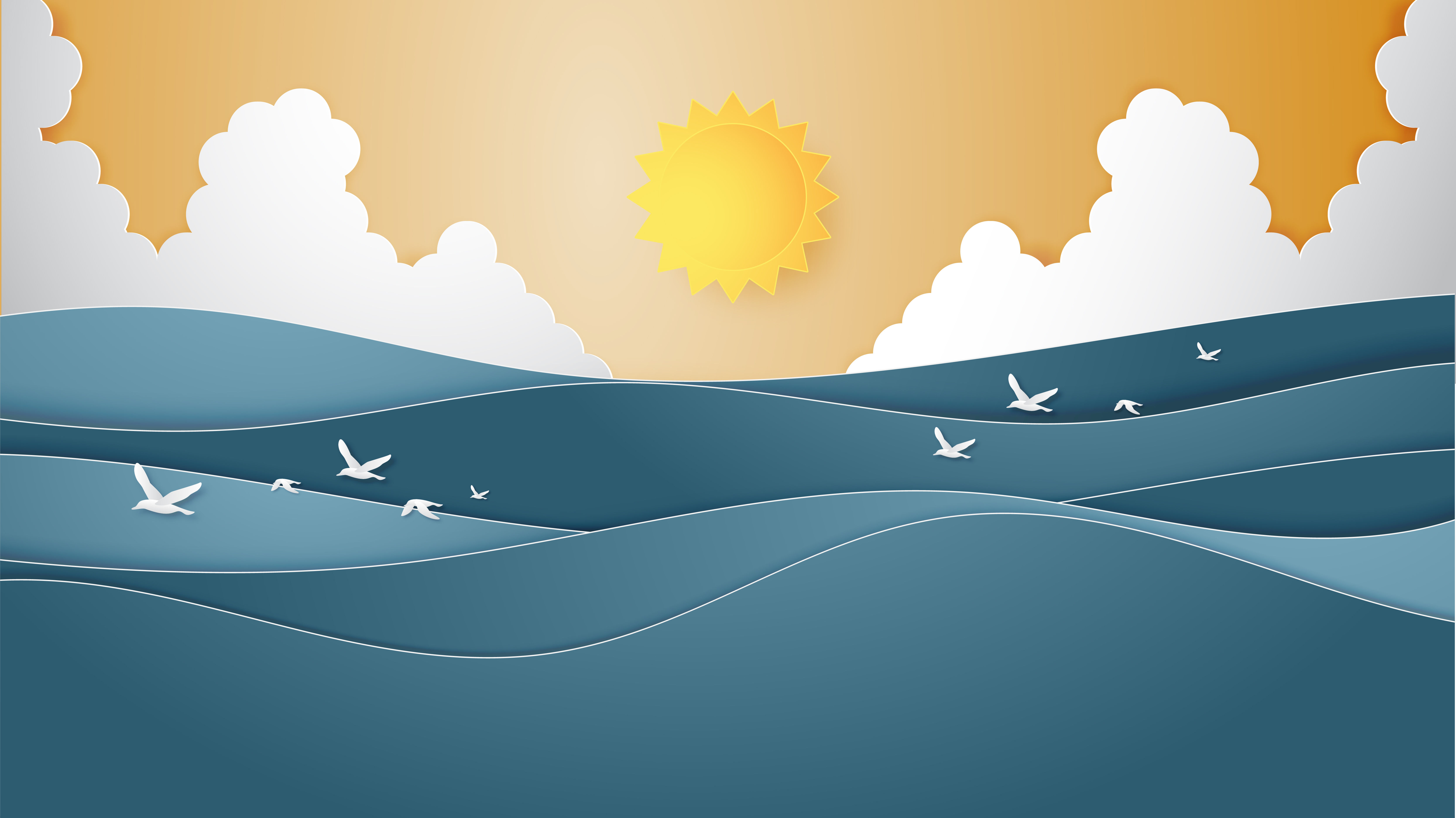 Wallpaper #1mc1CJMBSpphPi3-Ccl7111 Landscape of Ocean Water Wave with Sun Cloudscape and Flying Seagulls