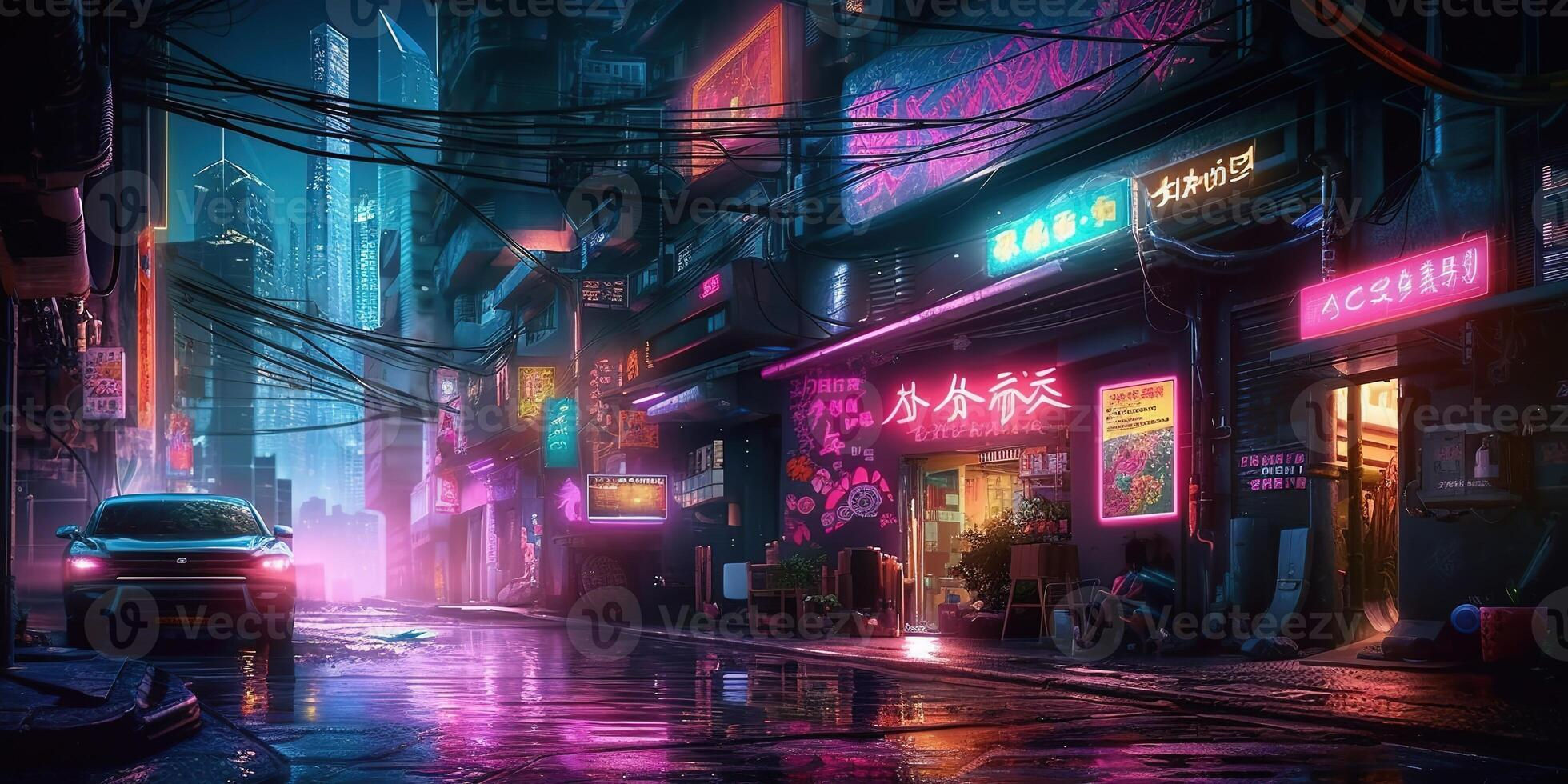 Wallpaper #v5yx4ZIBZHQxiYar0bzY28 Night Scene of After Rain City in Cyberpunk Style Futuristic