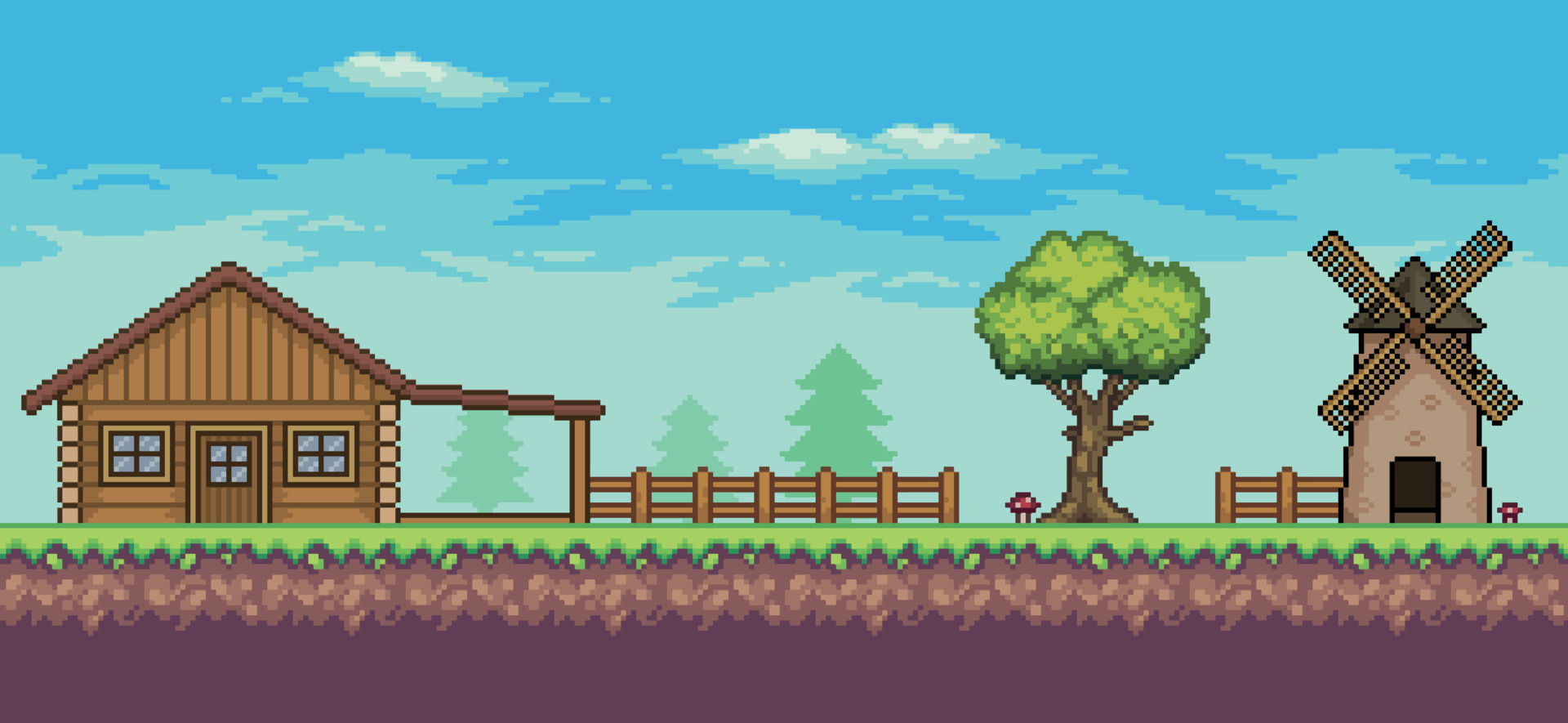 Wallpaper #sG3YZ5cBycdYOYFTvG94152 Escena De Juego De Arcade De Arte De Pixeles Con Casa Molino Arboles