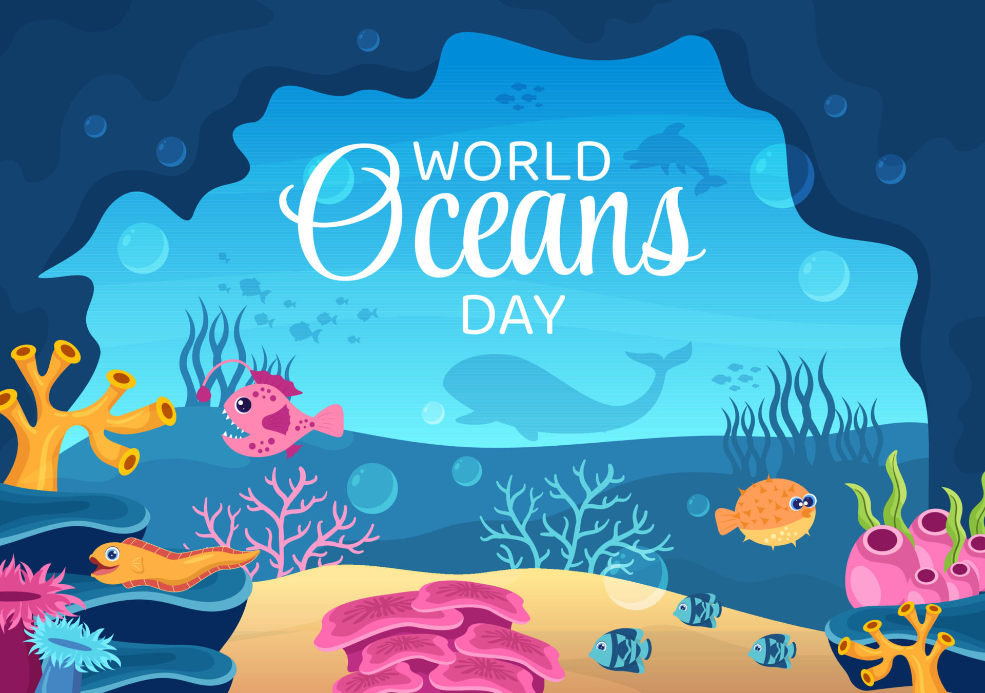 Wallpaper #1mc1CJMBSpphPi3-Ccl776 World Ocean Day Cartoon Illustration with Underwater Scenery Various