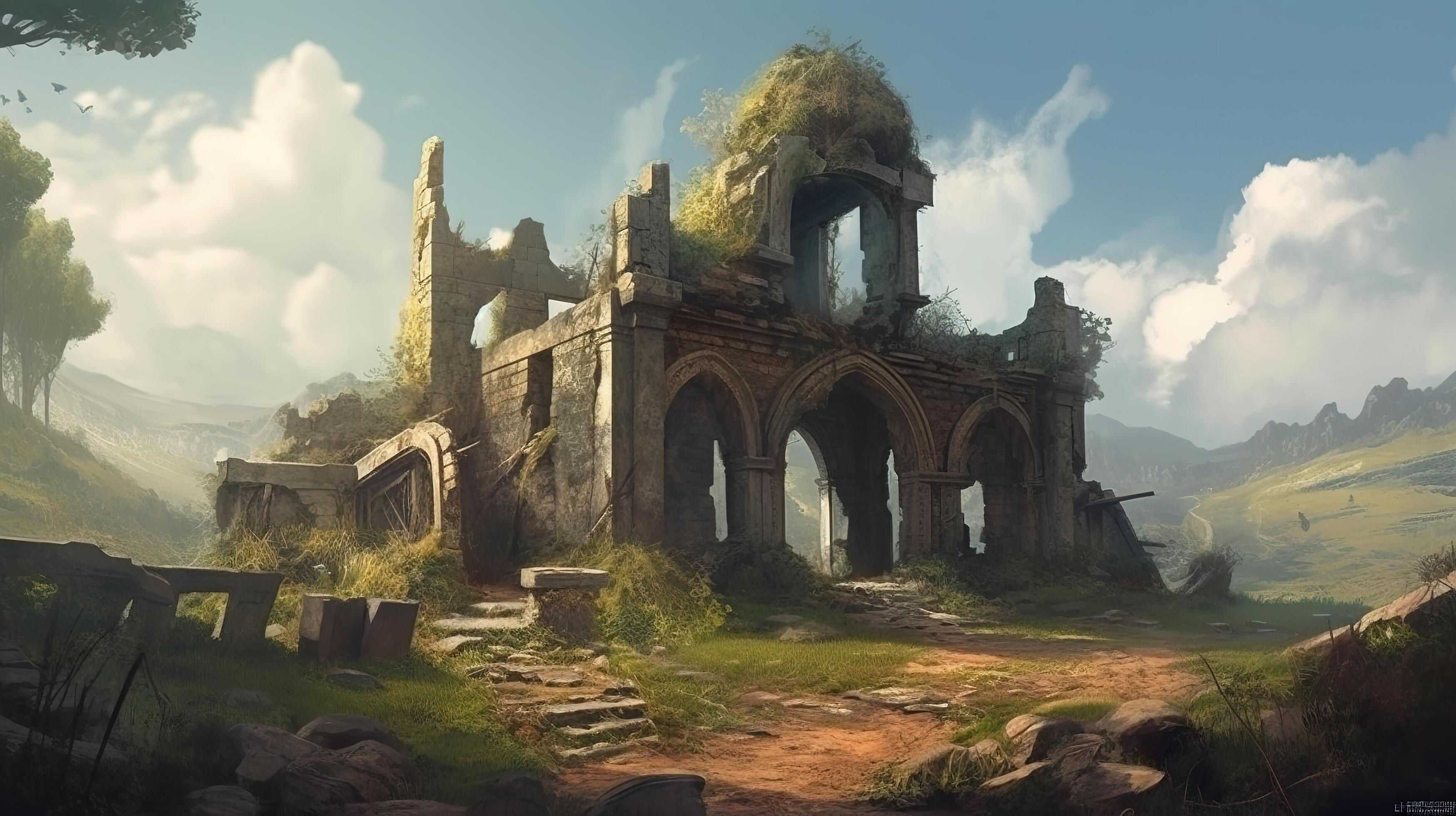 Wallpaper #s2eP7pIBSpphPi3-AF09278 Ruin Building Fantasy Backdrop Concept Art Realistic Illustration
