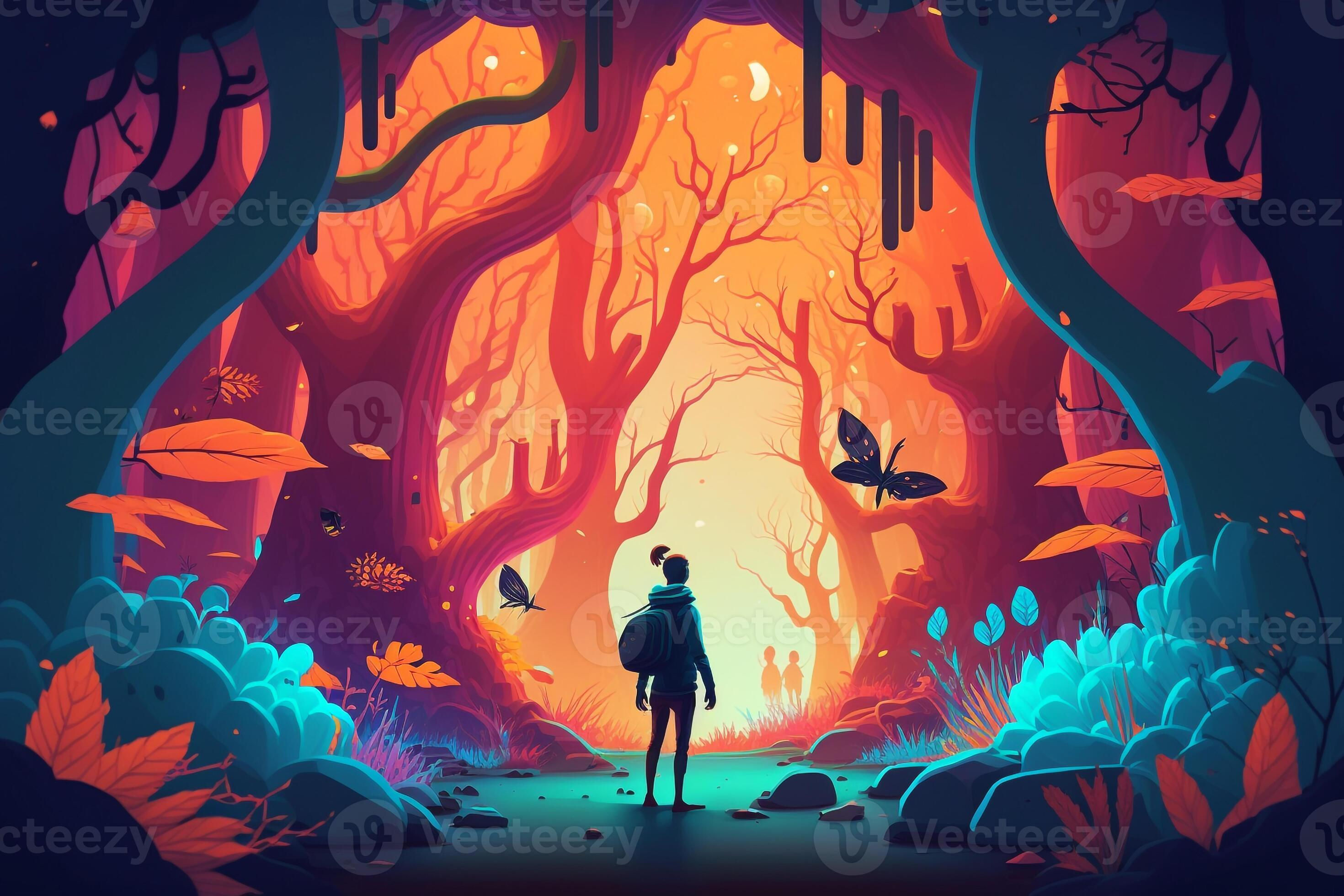 Wallpaper #lGcDC5MBSpphPi3-T9ct66 Illustration of a Person Exploring a Magical Forest Filled with Cartoon