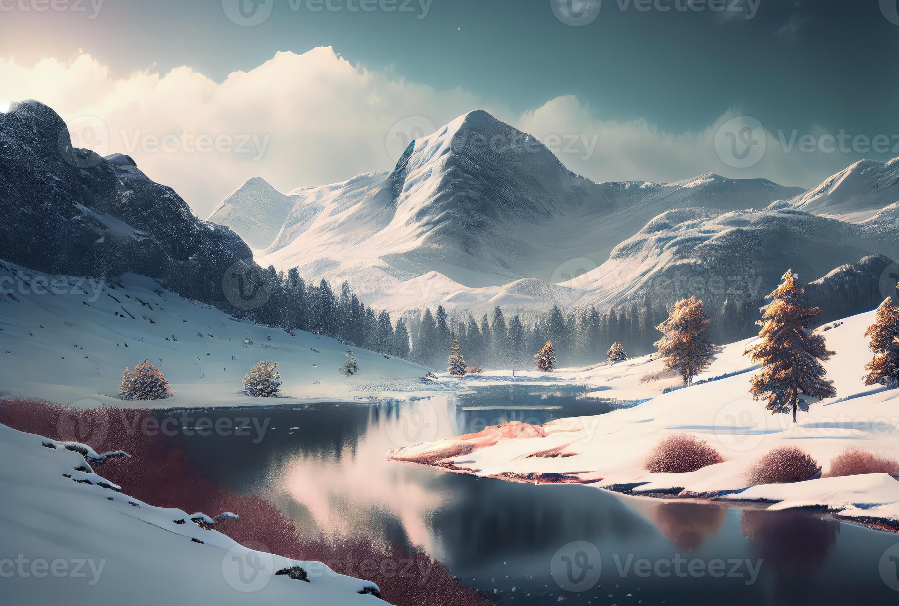 Wallpaper #s2eP7pIBSpphPi3-AF09111 Snowy Landscape with Lake and Pine Tree Mountain Scene Background