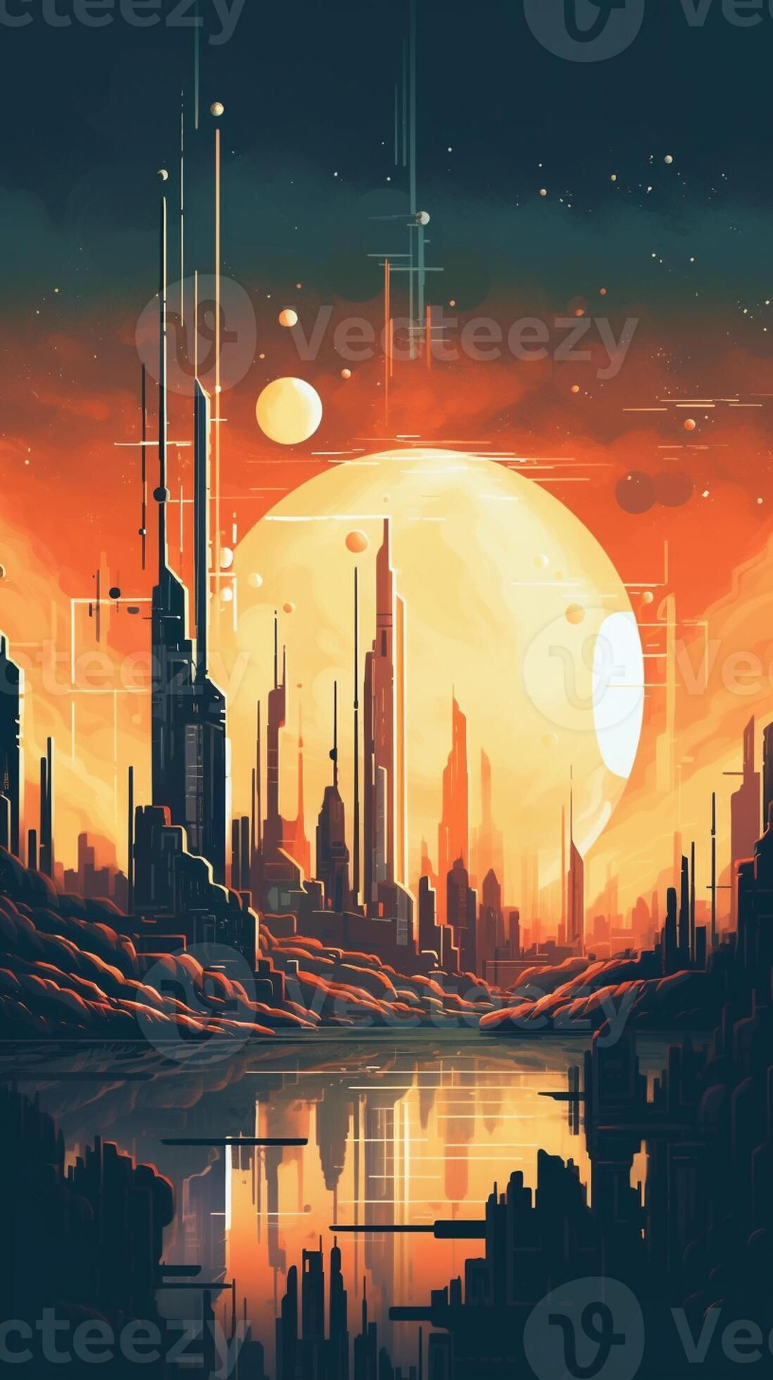 Wallpaper #n0JmPZMBOBpx0NhmrsSo213 Futuristic City Skyline with a Sunset in the Background Generative AI