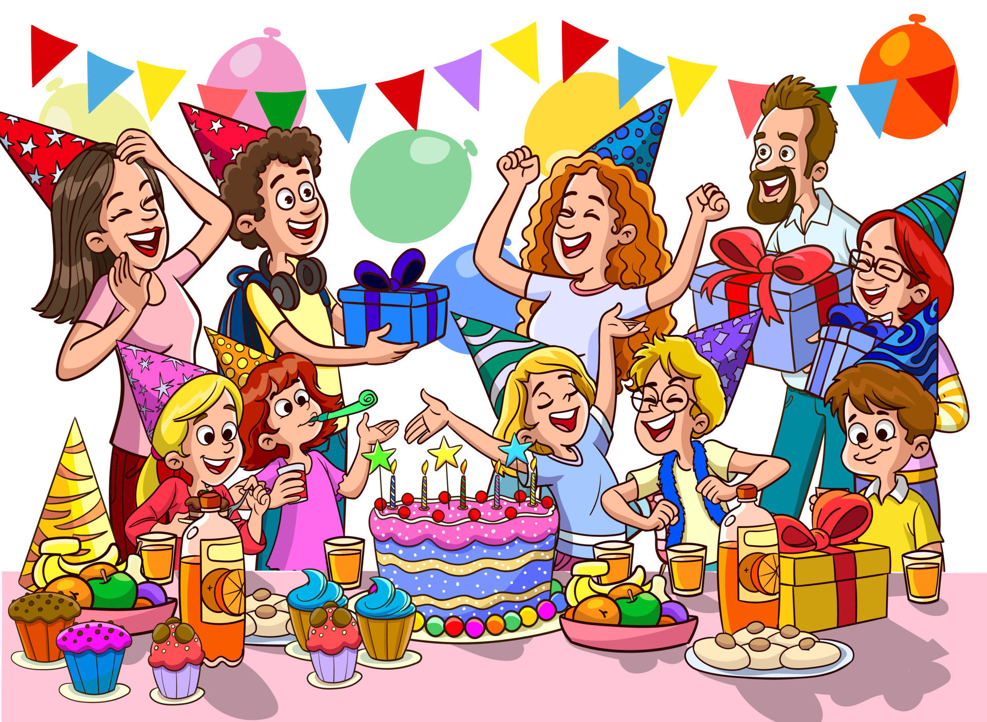 Wallpaper #hme9CJMBSpphPi3-0Mxx470 Cartoon Kids Party Poster with Big Table Sweets and Gifts in Birthday