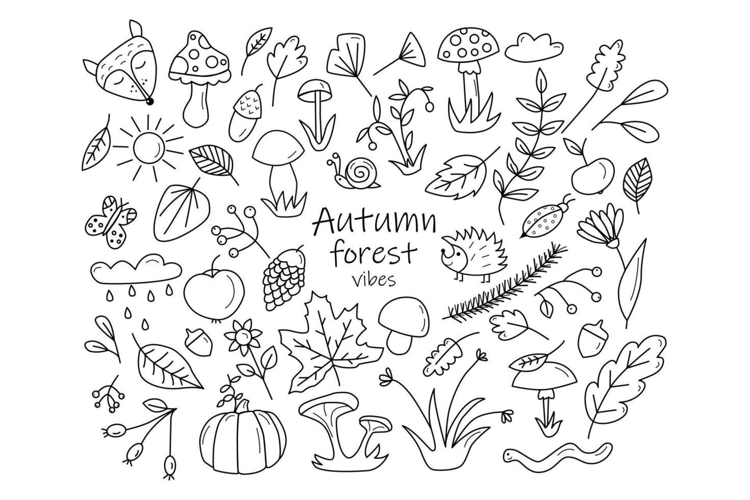 Wallpaper #lGcDC5MBSpphPi3-T9ct349 Set of Autumn Forest Design Elements in Doodle Hand Drawn Style