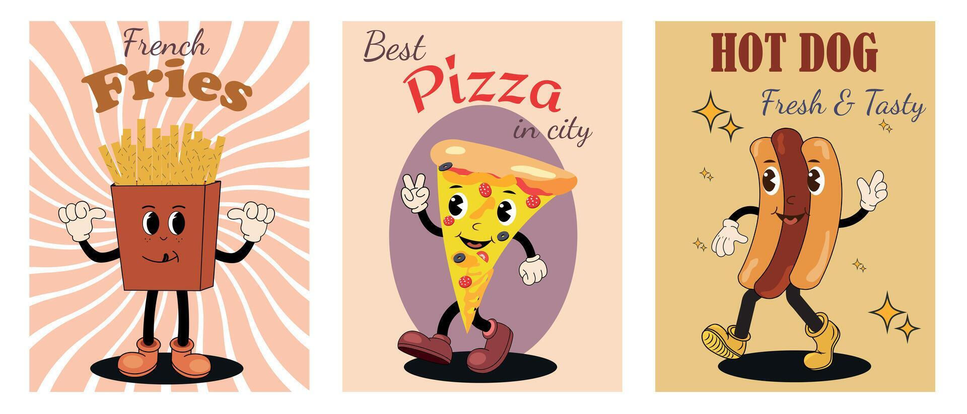 Wallpaper #XZ3oZJcBkAG5jTCHLrHO67 Set of Retro Cartoon Posters with Cute and Funny Fast Food Characters