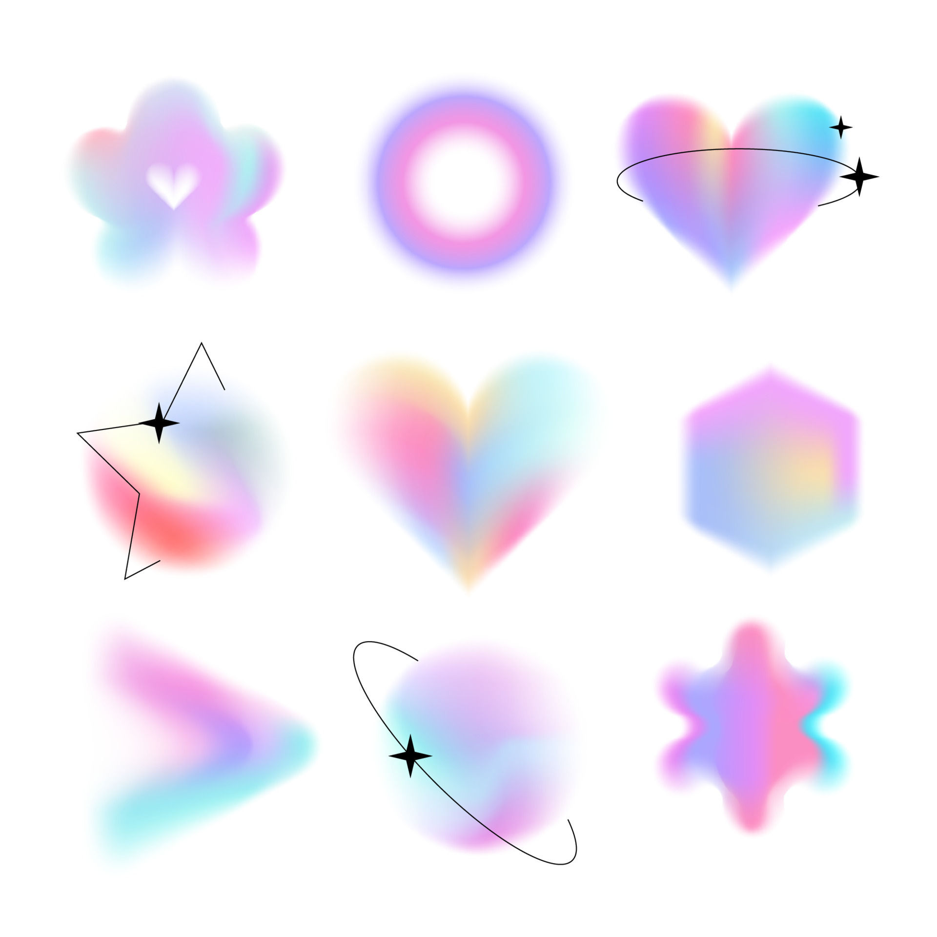 Wallpaper #tGeU55IBSpphPi3-kjik293 Y2k Style Blurred Gradient Shapes Set with Linear Forms and Sparkles