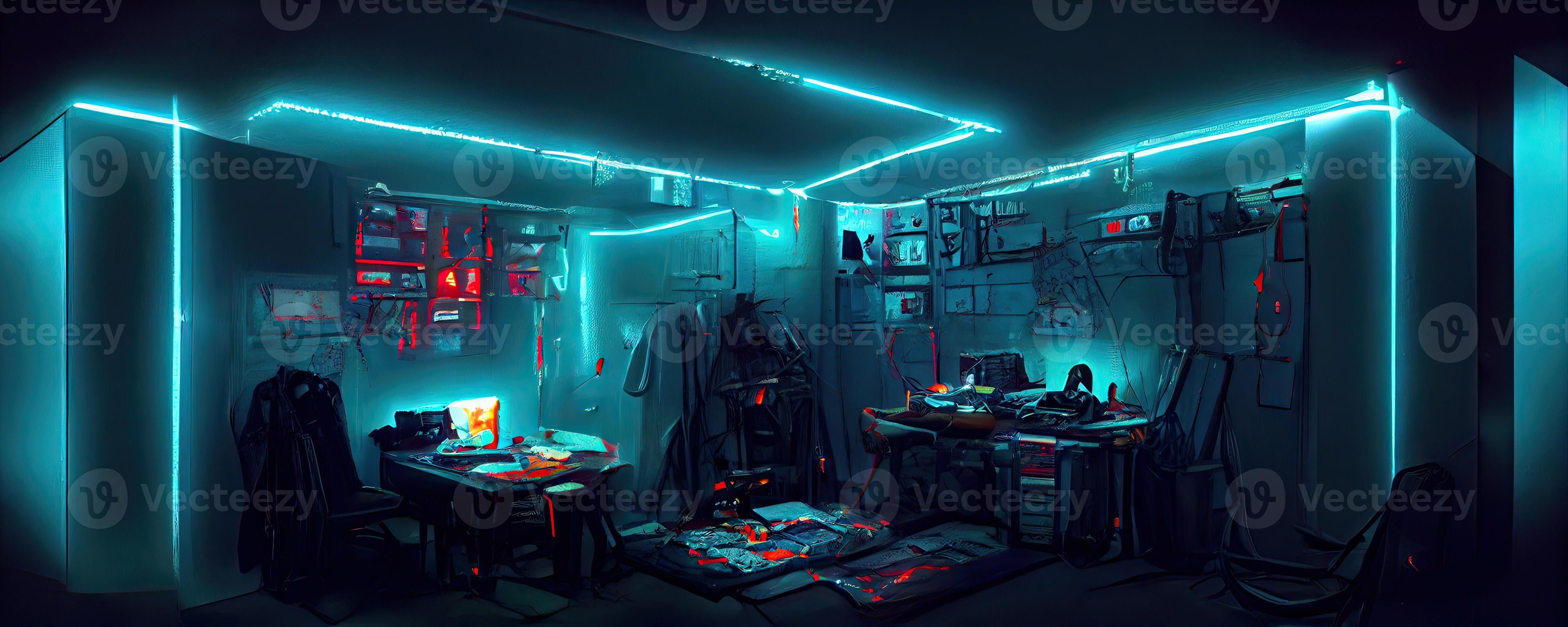 Wallpaper #Ac5qJZMB71dOy6JZZxRn234 Illustration of Messy and Dark Cyberpunk Hacker Hideout Room with