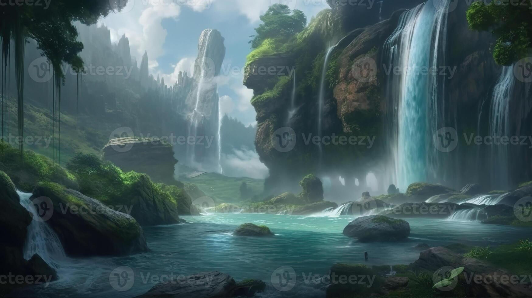 Wallpaper #s2eP7pIBSpphPi3-AF09129 Waterfall Fantasy Backdrop Concept Art Realistic Illustration