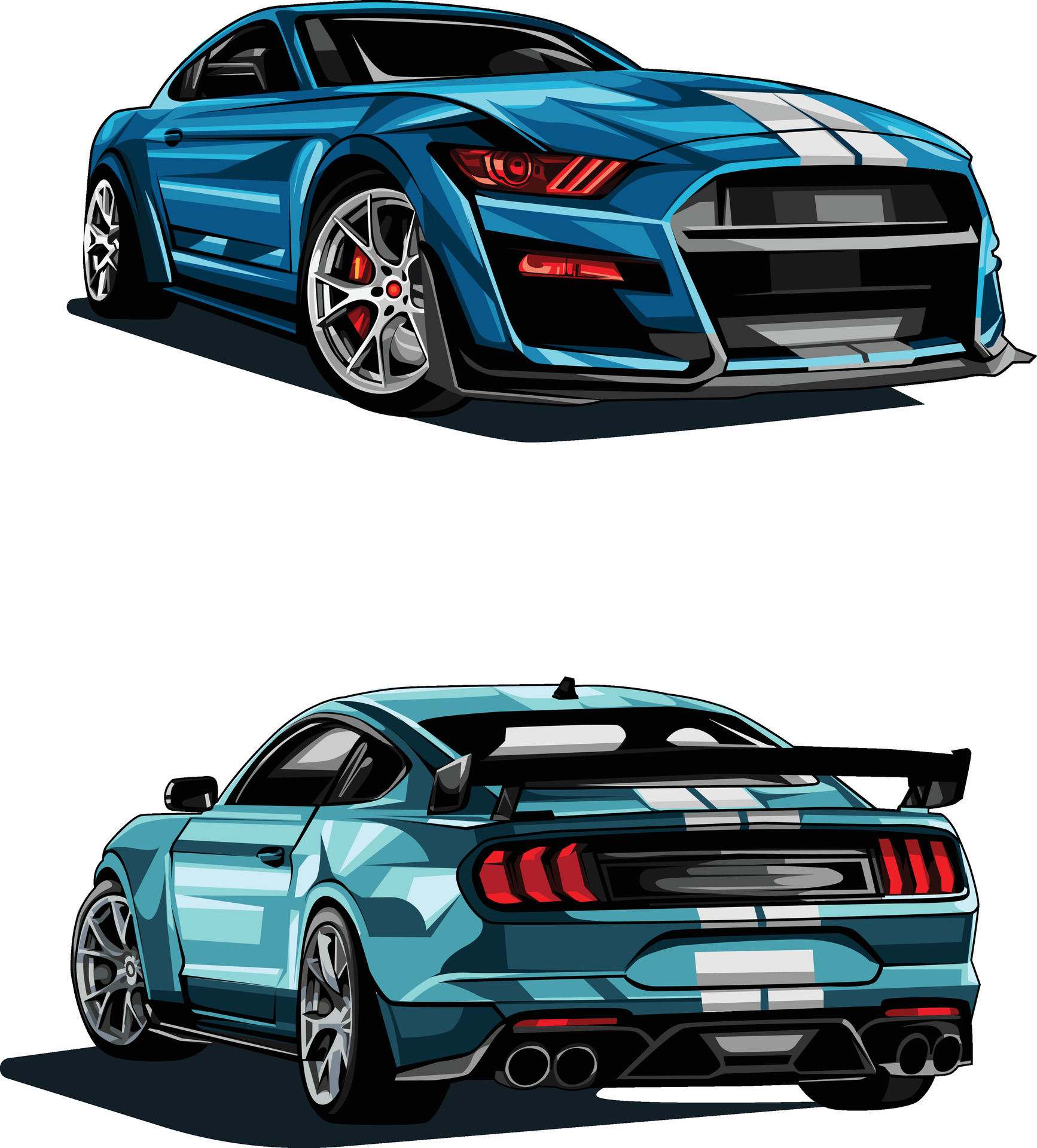 Wallpaper #u2hmF5MBSpphPi3-KA7u1 Illustration of a Blue Mustang Sports Car with Two White Stripes on the