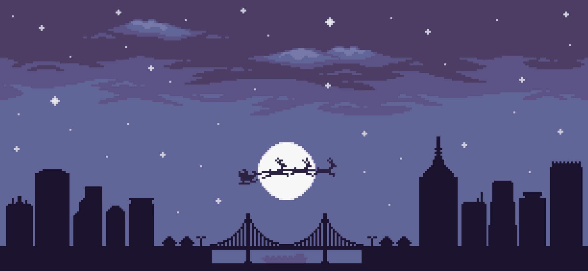 Wallpaper #YVanepcBsd6xcFiEltxK18 Pixel Art Minimalist Cityscape at Night with Santa Claus Flying in the