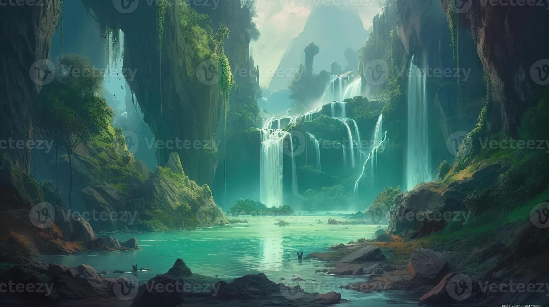 Wallpaper #s2eP7pIBSpphPi3-AF09296 Waterfall Fantasy Backdrop Concept Art Realistic Illustration