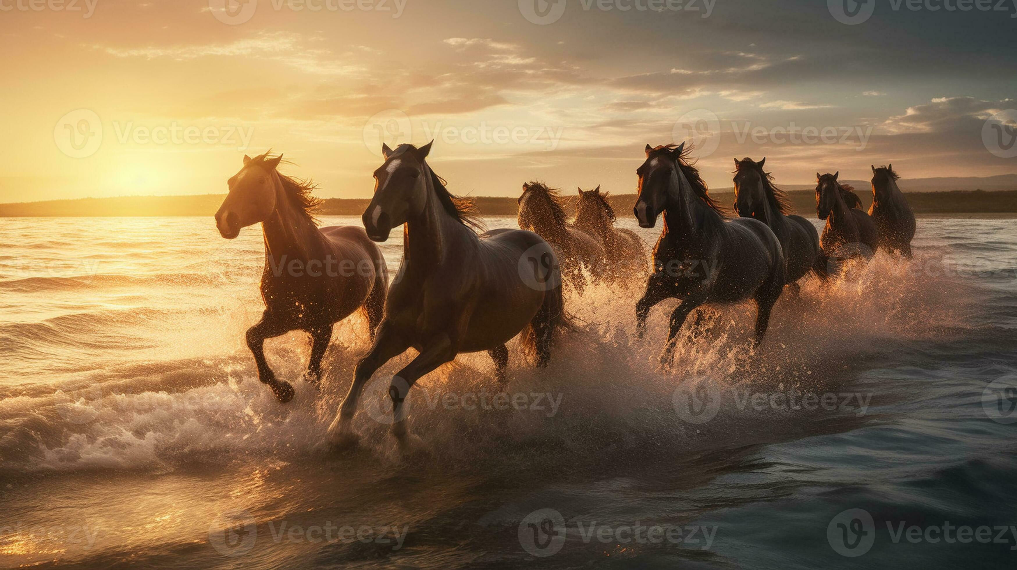 Wallpaper #01bDeZcBsd6xcFiE6tsZ8 Herd of Horses Galloping in the Sea at Sunset in Summer AI Generated