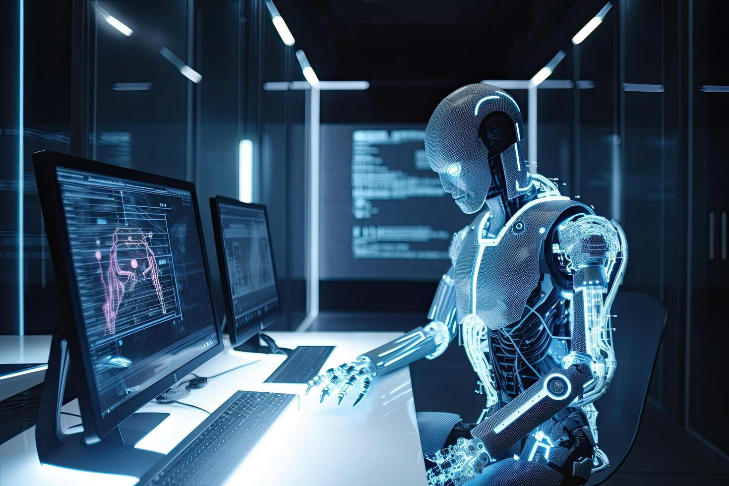 Wallpaper #q8kYjZcB-VVLIetlw2nT44 3D Rendering Humanoid Robot Working with a Computer in a Dark Office