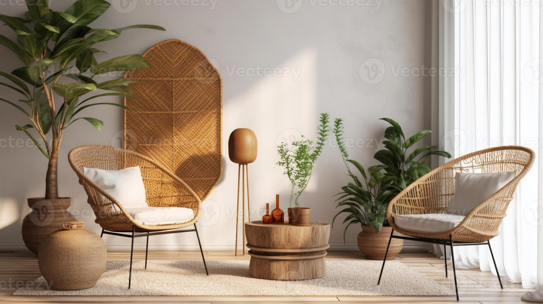 Wallpaper #HGhEGZMBSpphPi3-MRYQ137 Generative AI Eco Wooden Room with Plants with Natural Furniture Boho