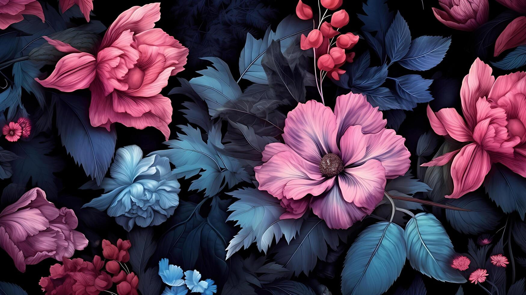 Wallpaper #4GdP9JIBSpphPi3-k3mn329 Beautiful Flowers Pattern on Black Bakcground AI Generated 25480357