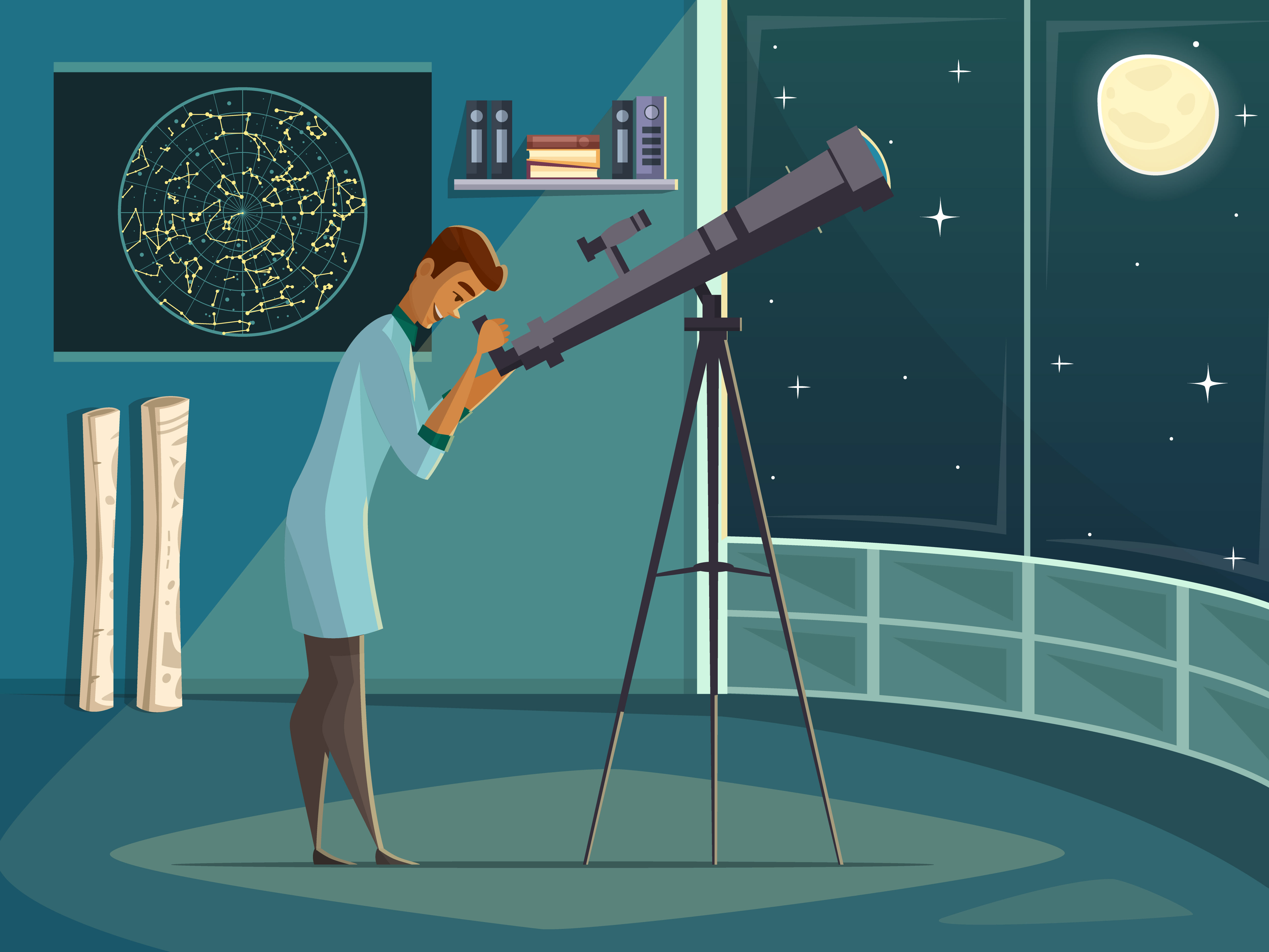 Wallpaper #XZ3oZJcBkAG5jTCHLrHO155 Astronomer with Telescope Retro Cartoon Poster 484714 Vector Art at