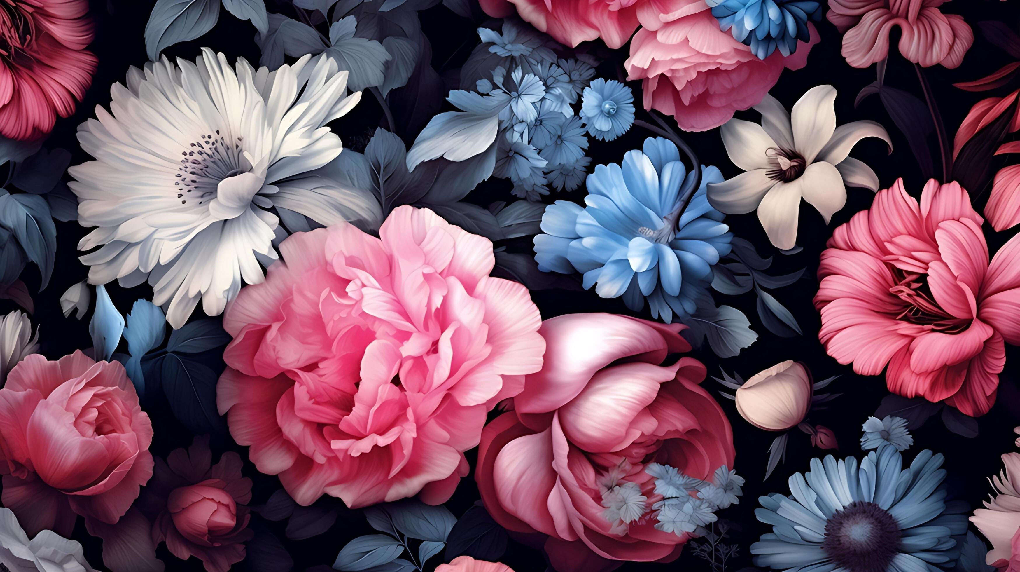 Wallpaper #4GdP9JIBSpphPi3-k3mn282 Beautiful Flowers Pattern on Black Bakcground AI Generated 25480344