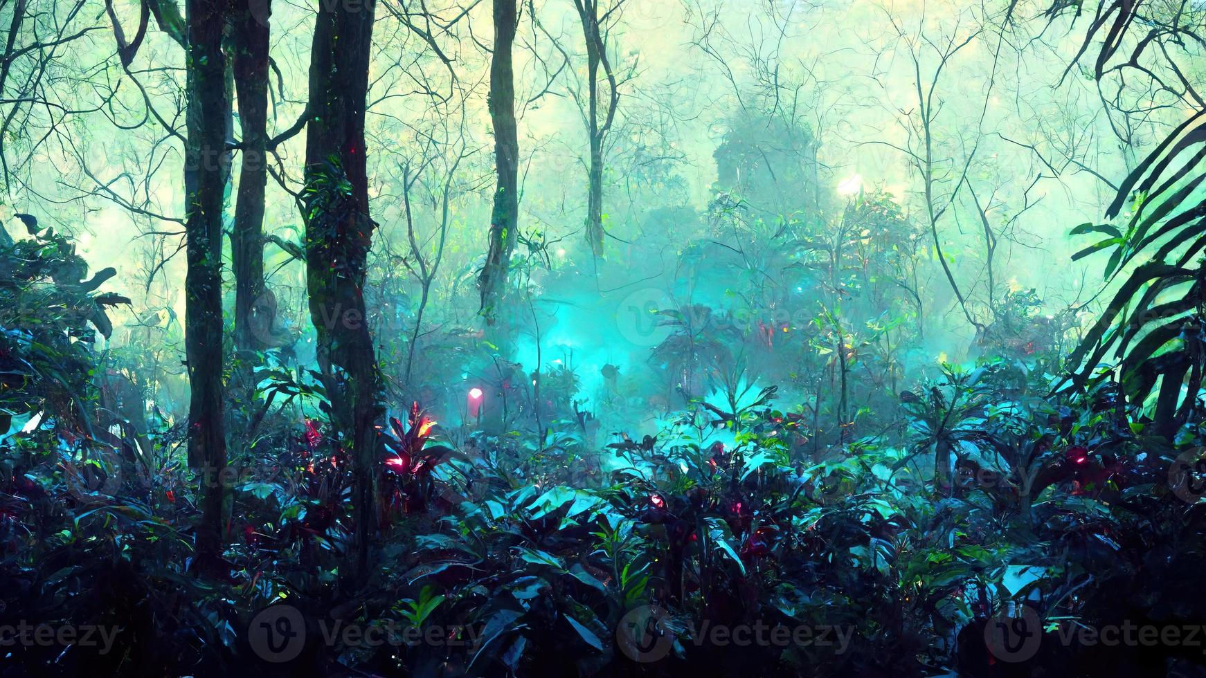 Wallpaper #A0ApMJMBJhL2WPbazsCh289 Exotic Foggy Dark Jungle Panorama with Neon Lights Abstract