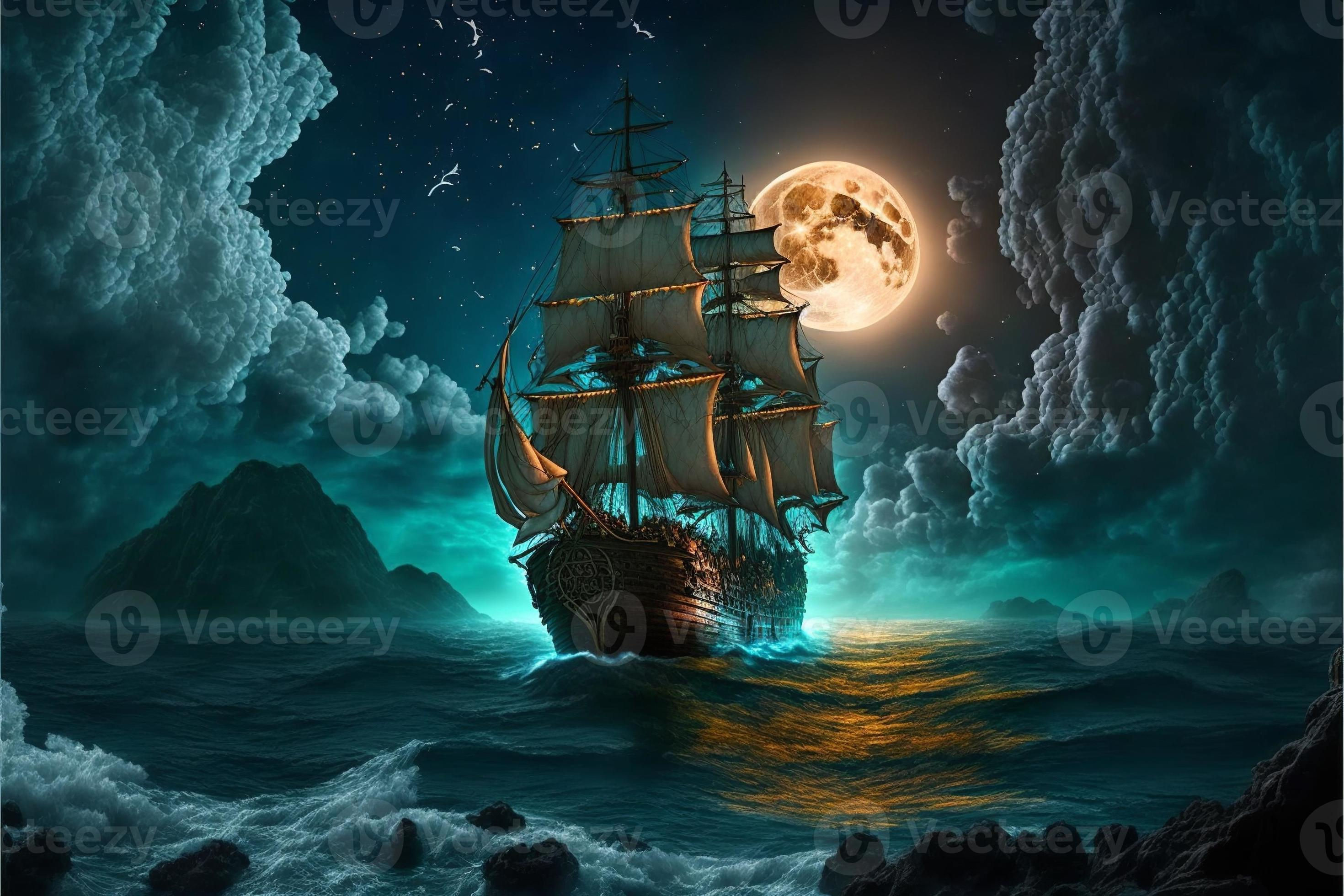 Wallpaper #MqeTMpMBlSzal8H1n9tJ165 Landscape with Pirate Ship in the Sea Sky Full of Clouds and Full Moon