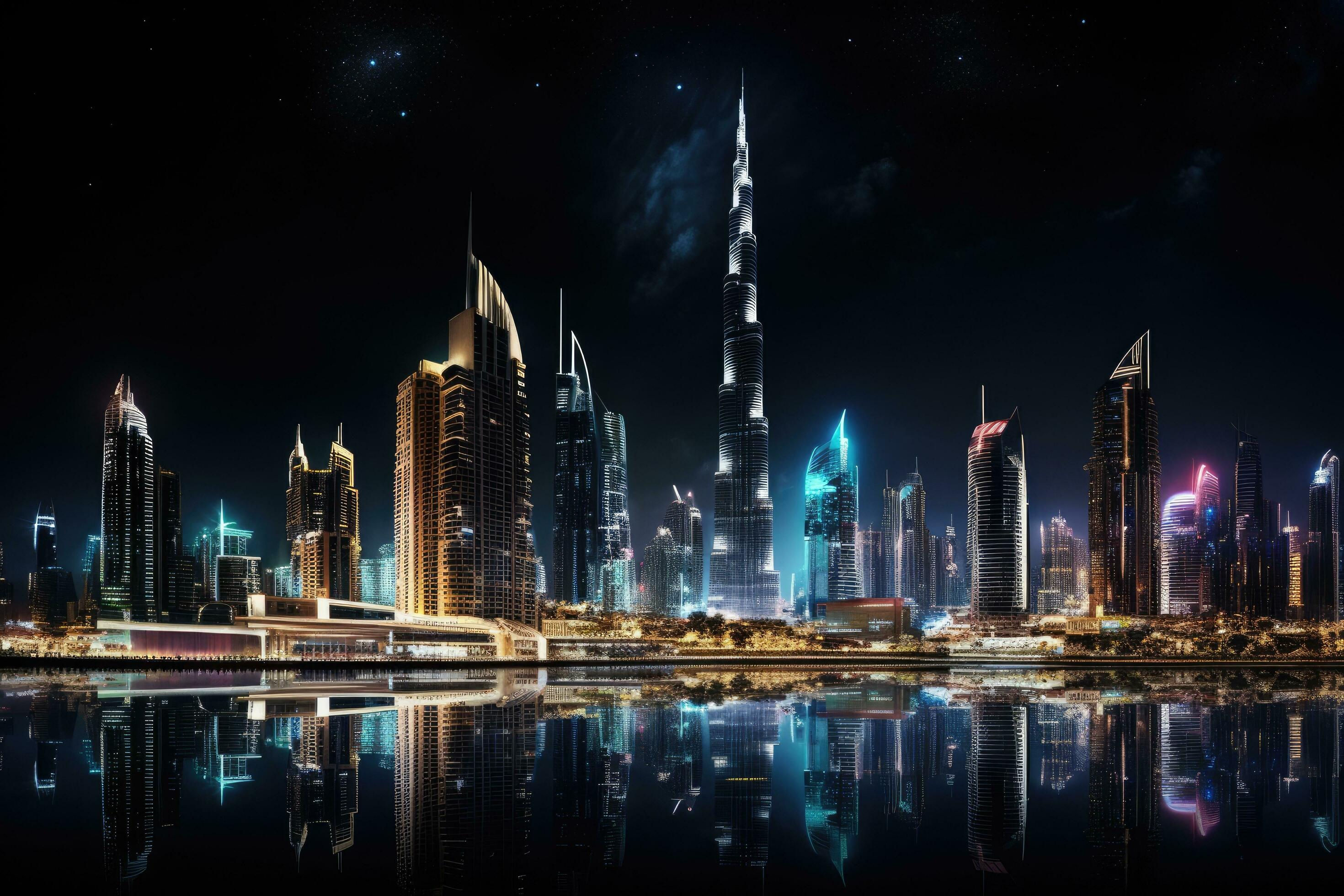 Wallpaper #d2e37pIBSpphPi3-CF5w200 AI Generated Dubai Skyline at Night with Reflection on the Water