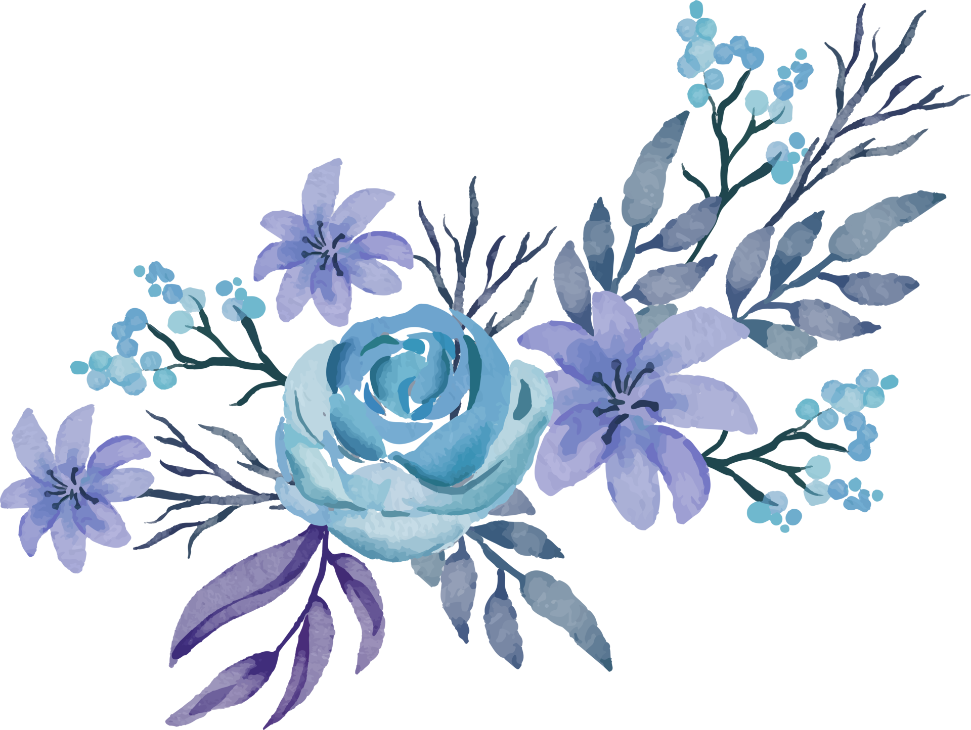 Wallpaper #lmce9pIBSpphPi3-WILG294 Hermoso Arreglo De Flores Moradas Y Azules Y Hojas Ilustracion Acuarela