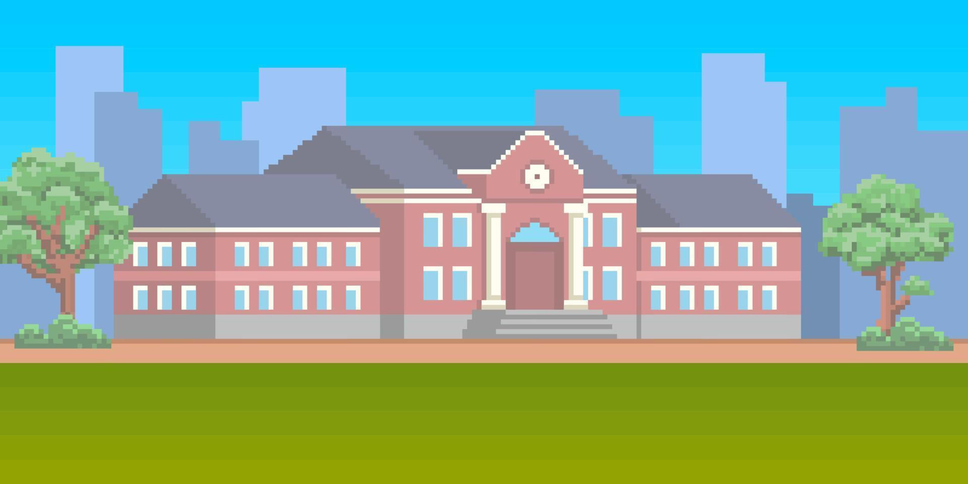 Wallpaper #sG3YZ5cBycdYOYFTvG94199 8bit Pixel Art School Building with Green Lawn in Front Campus