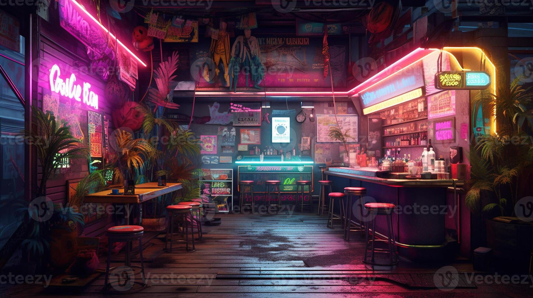 Wallpaper #0xmtAo8BtGB6xQ78t0rx32 Generativo AI Cyberpunk Estilo Bar O Cafeteria Noche Escena De Grande