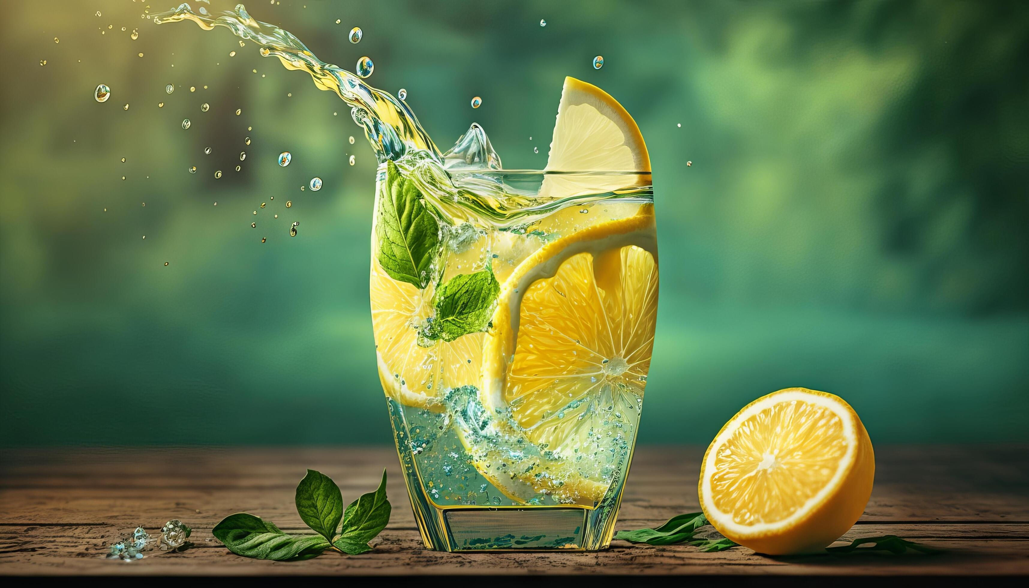 Wallpaper #4WcM6pIBSpphPi3-bkQ119 Lemonade in Glass with Splash on Wooden Table and Green Blurred