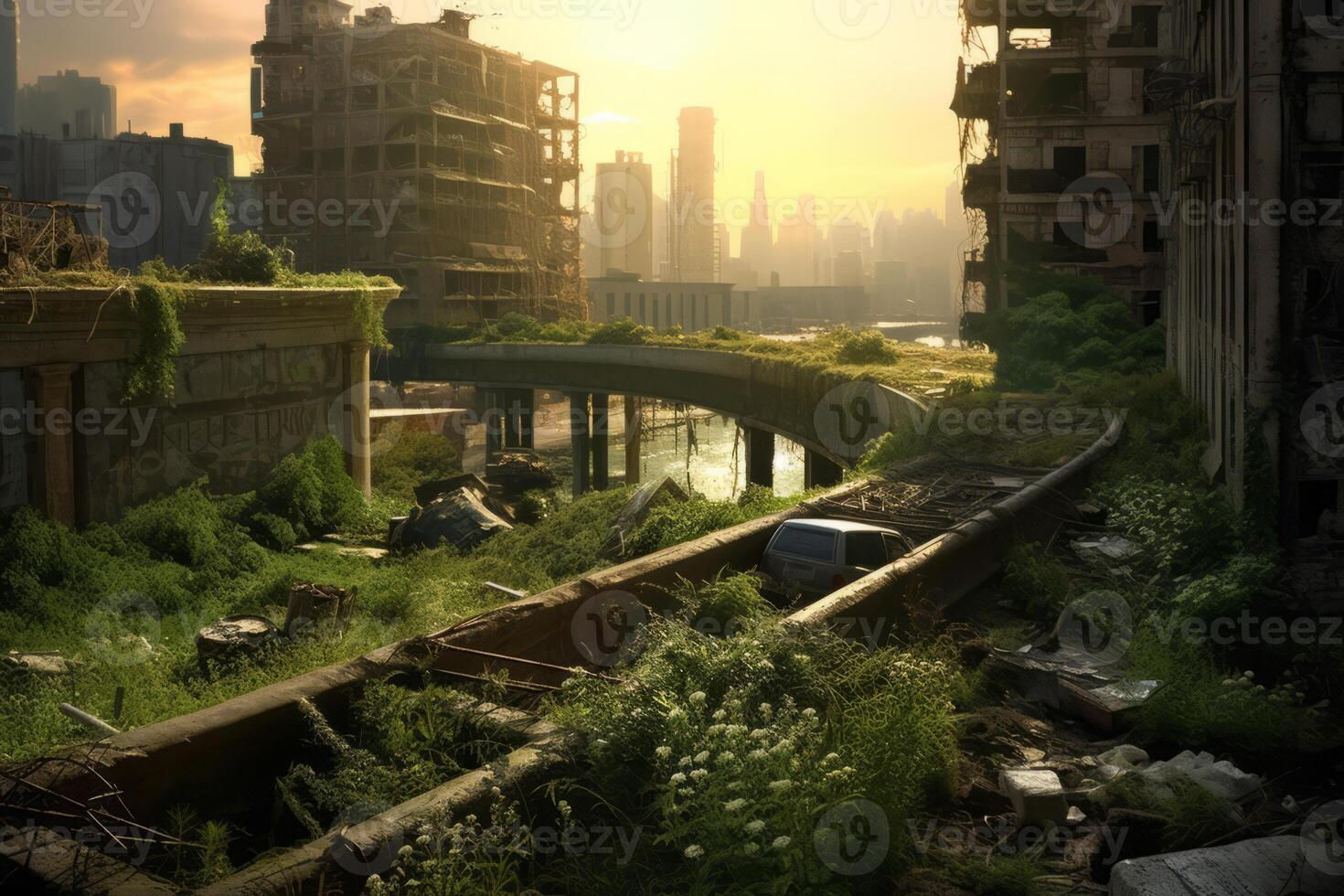 Wallpaper #qxcDPpMBPLD5_VENyd4X298 An Image Depicting a Deserted City with Overgrown Vegetation and