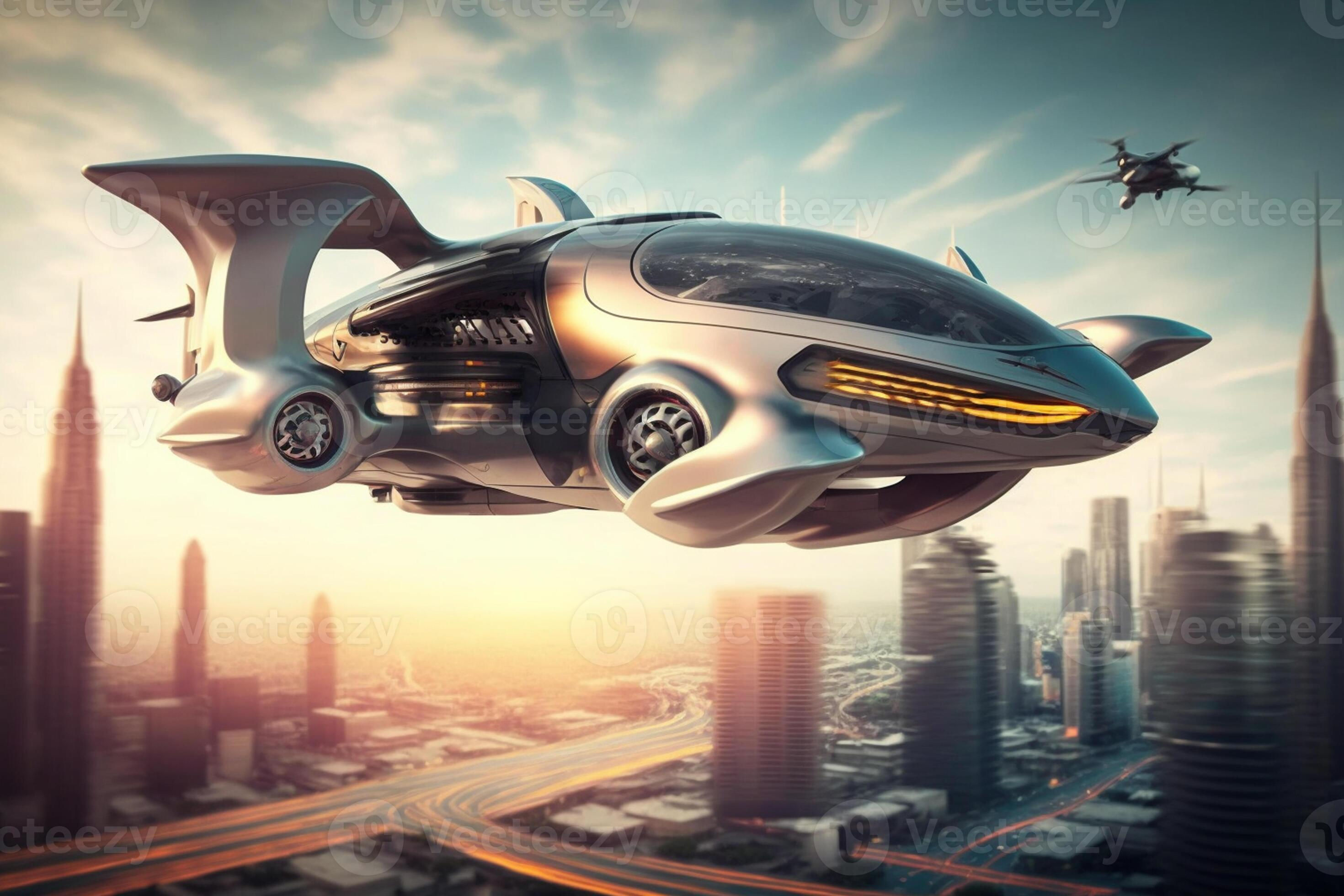 Wallpaper #QGhLG5MBSpphPi3-Ox8V49 Air Vehicle Flying Above the Cityscape Flying Car of the Future Air