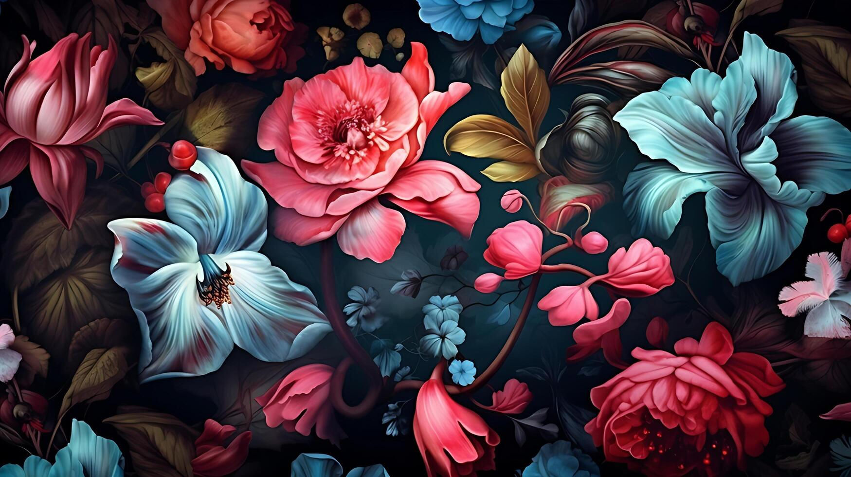 Wallpaper #4GdP9JIBSpphPi3-k3mn318 Beautiful Flowers Pattern on Black Bakcground AI Generated 25480356