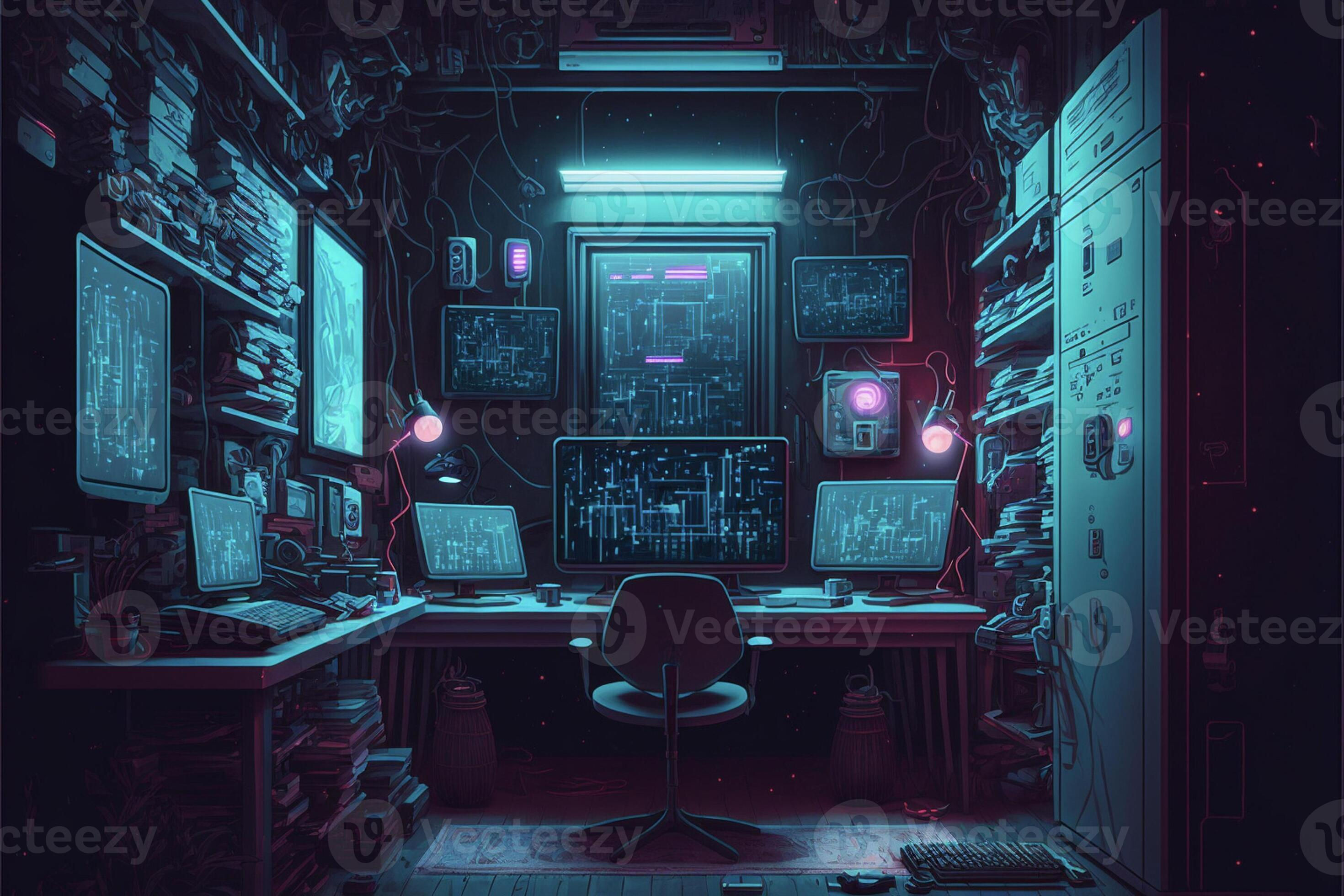 Wallpaper #MWcjC5MBSpphPi3-X9jd116 Computer Desk in a Dark Room with Neon Lights 23883368 Stock Photo