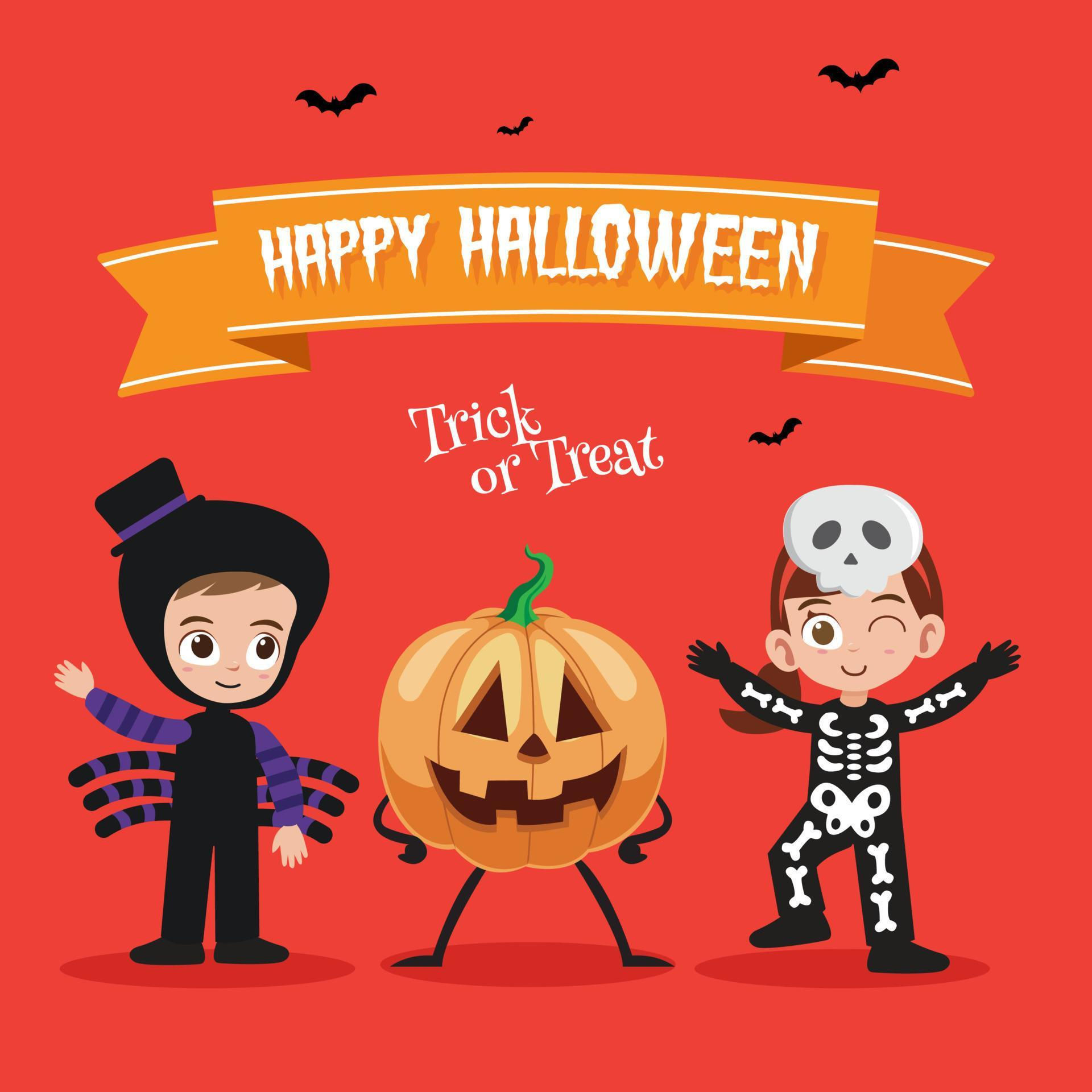 Wallpaper #xGc-AJMBSpphPi3-3KX-223 Happy Halloween with Happy Kids in Skeleton Spider Costume Vector