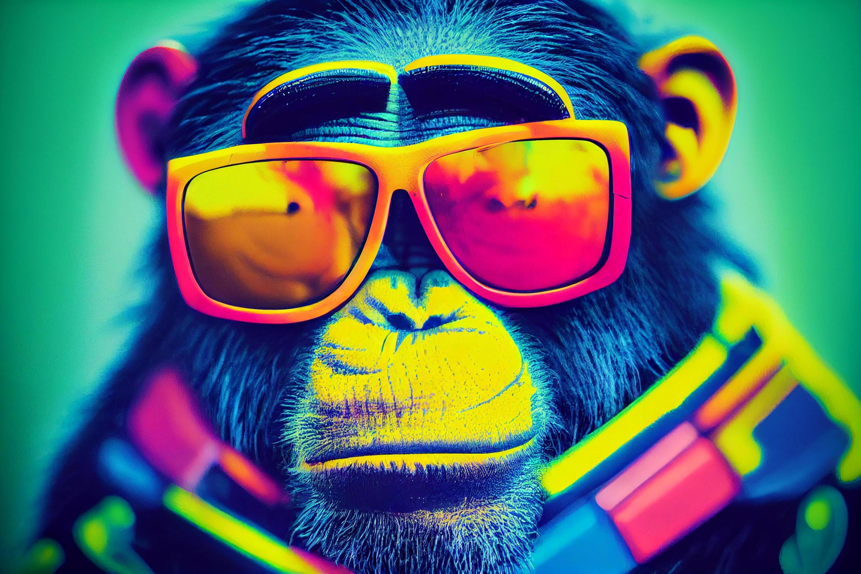 Wallpaper #SLhR2ZIBJvJKYCmEiexE287 Cyberpunk Chimpanzee with Sunglasses Dressed in Neon Color Clothes