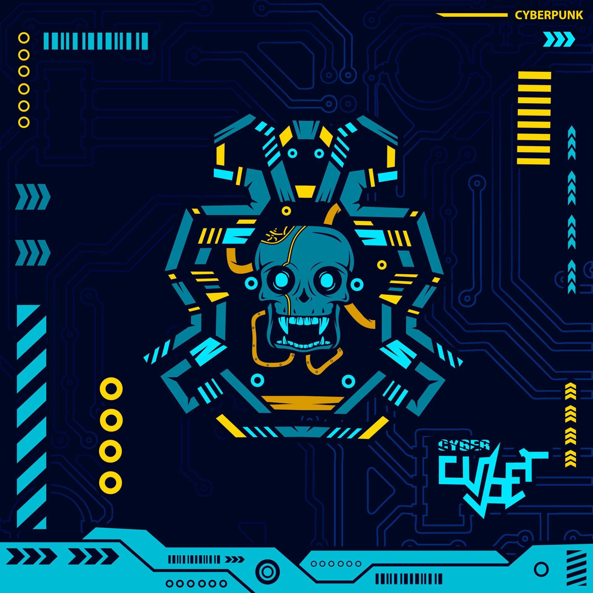 Wallpaper #OGiSHJMBSpphPi3-1yPm254 Robot Skull in Neon Cyberpunk Blue Design with Dark Background